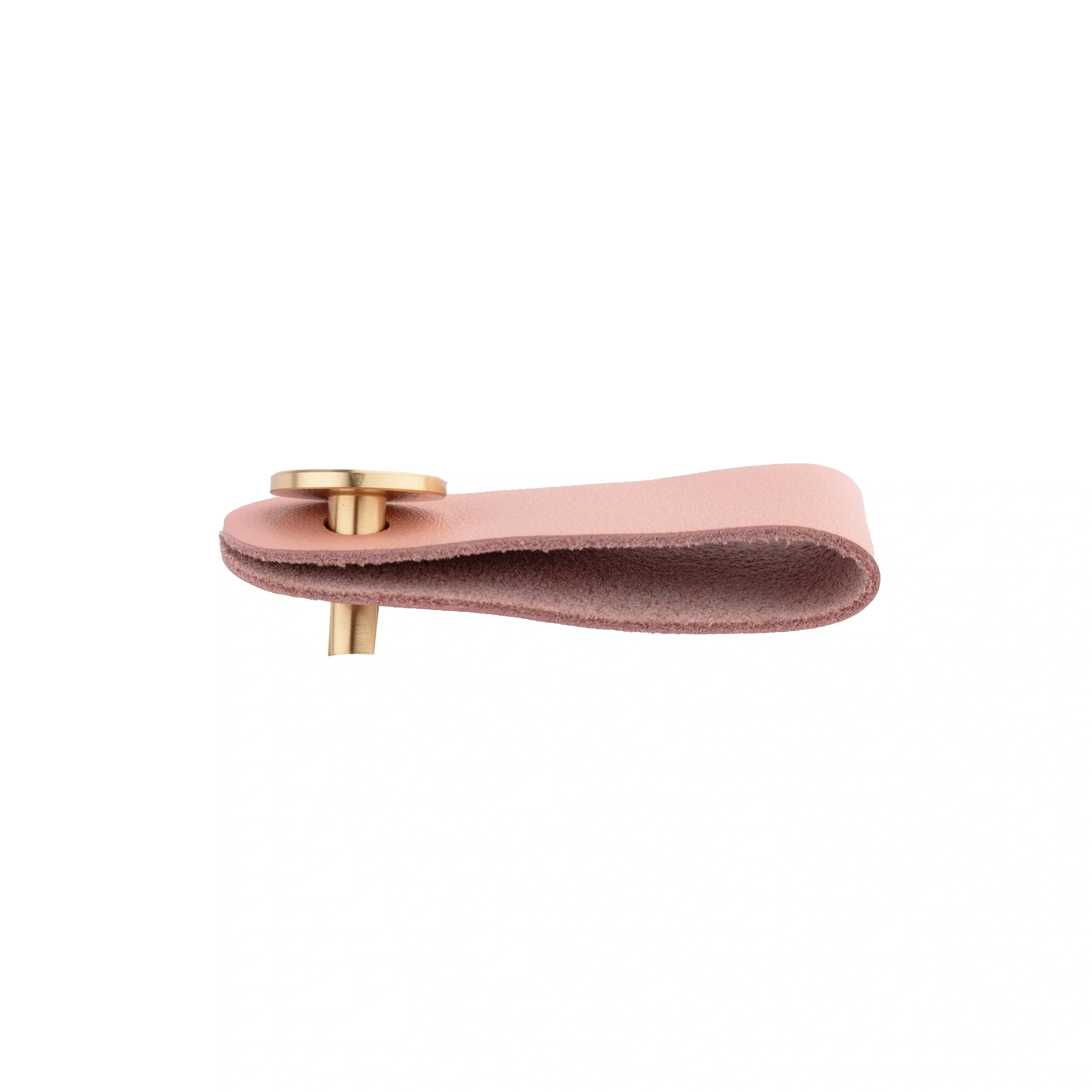 The Mantara L-0001 Maverick Pull Knob is a Nordic leather and brass knob in pink, ideal for kitchens and furniture.