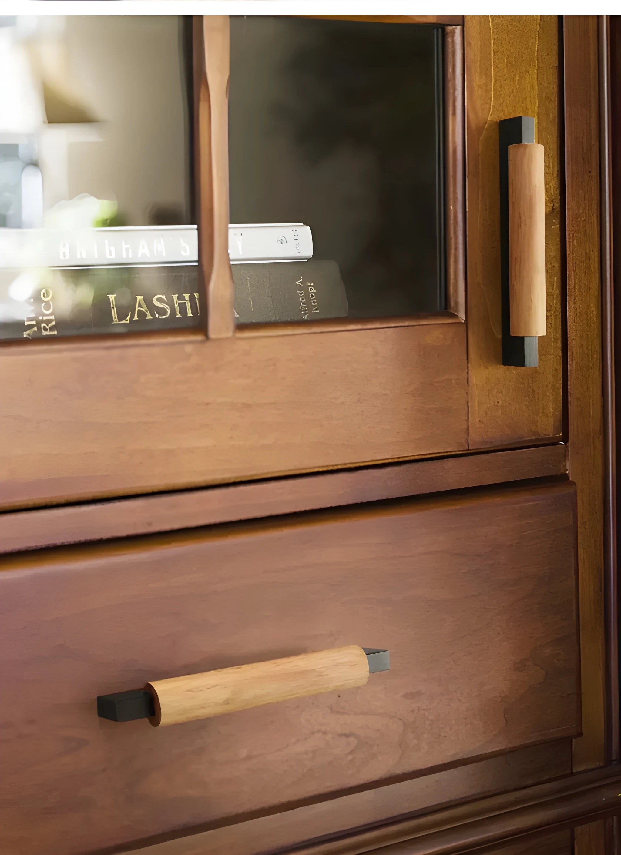 Wooden side table with a textured top and black drawer featuring a wooden handle—contrasting materials by Mantara.