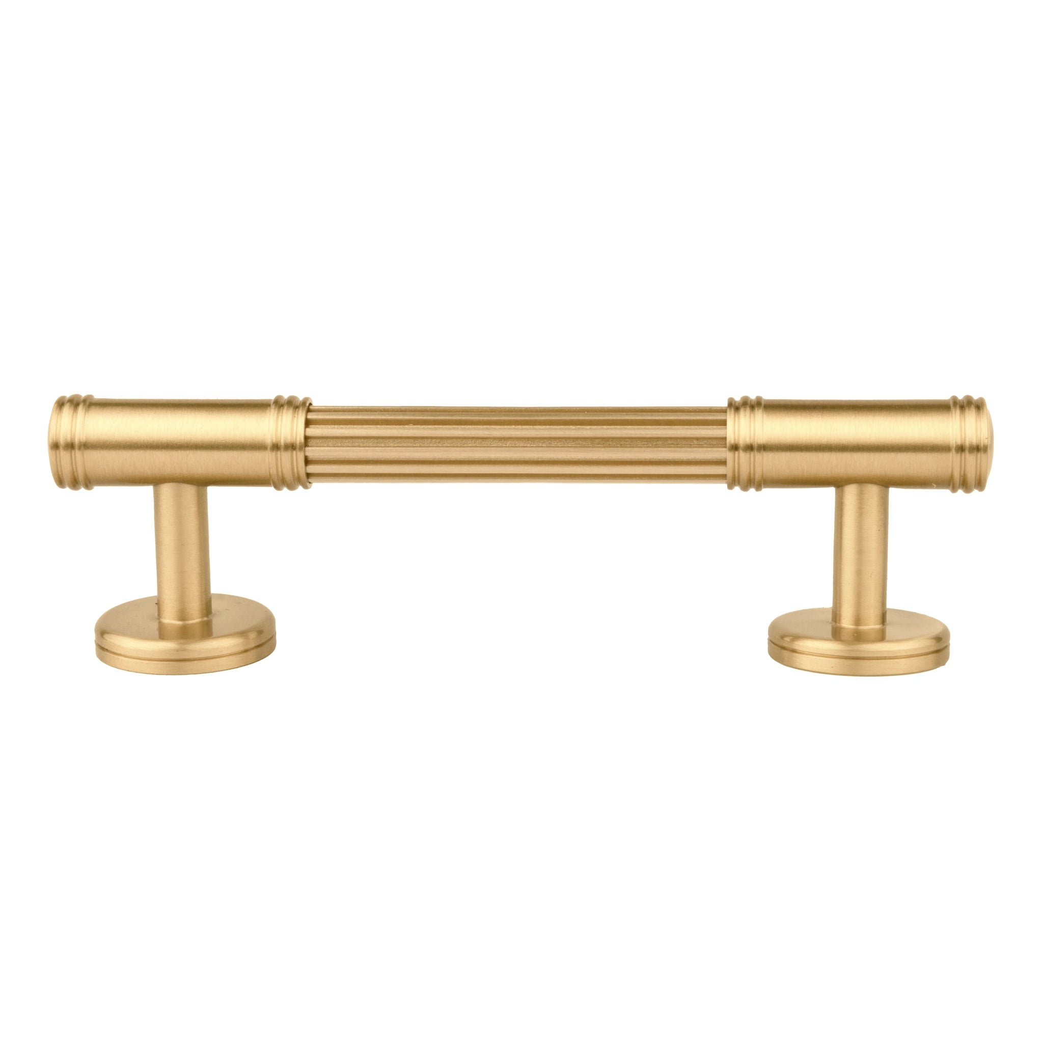 Mantara Olympus Handle B-0098 is a modern solid brass handle in brushed gold, perfect for wardrobes, kitchens, and cabinets.