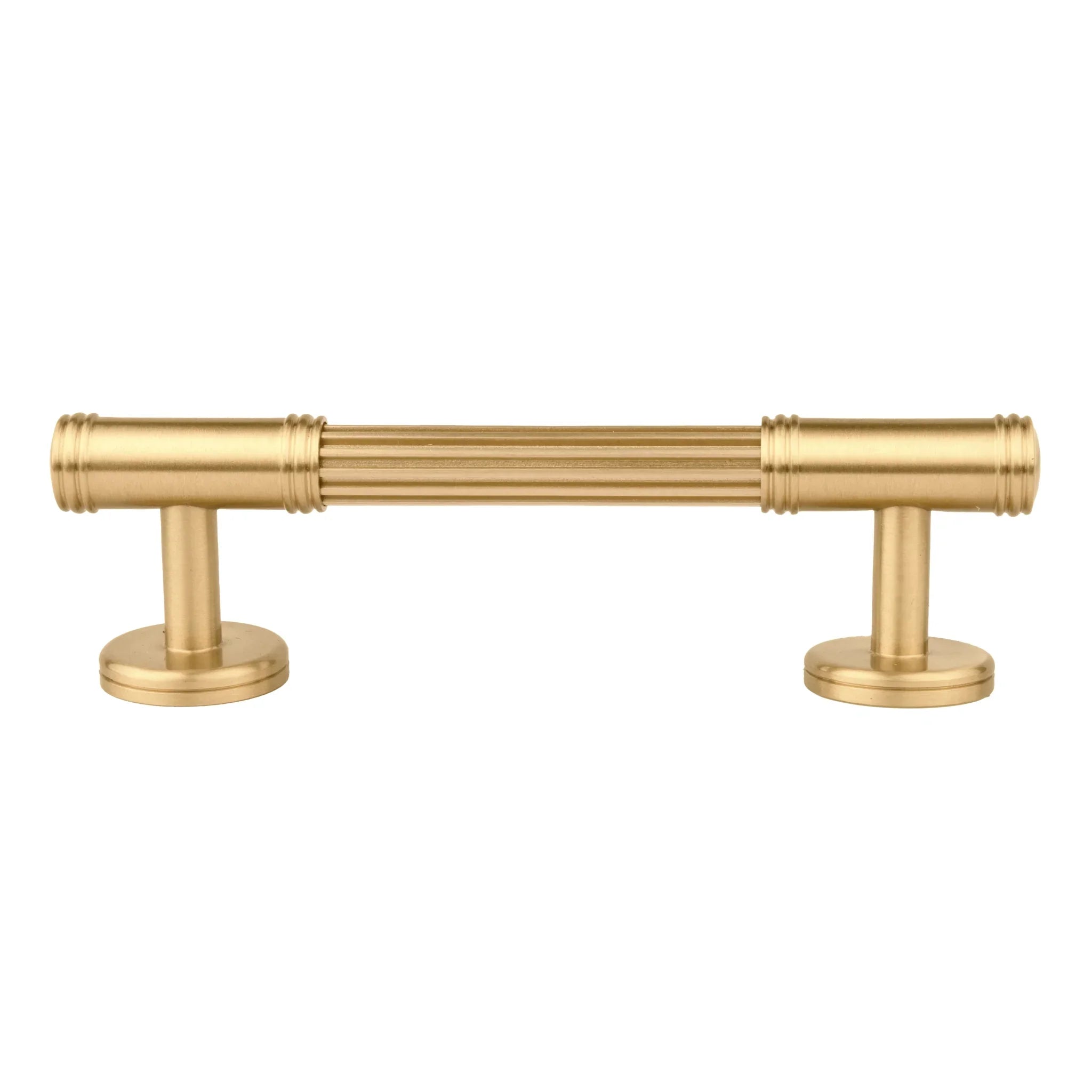 Mantara Olympus Handle B-0098 is a modern solid brass handle in brushed gold, perfect for wardrobes, kitchens, and cabinets.