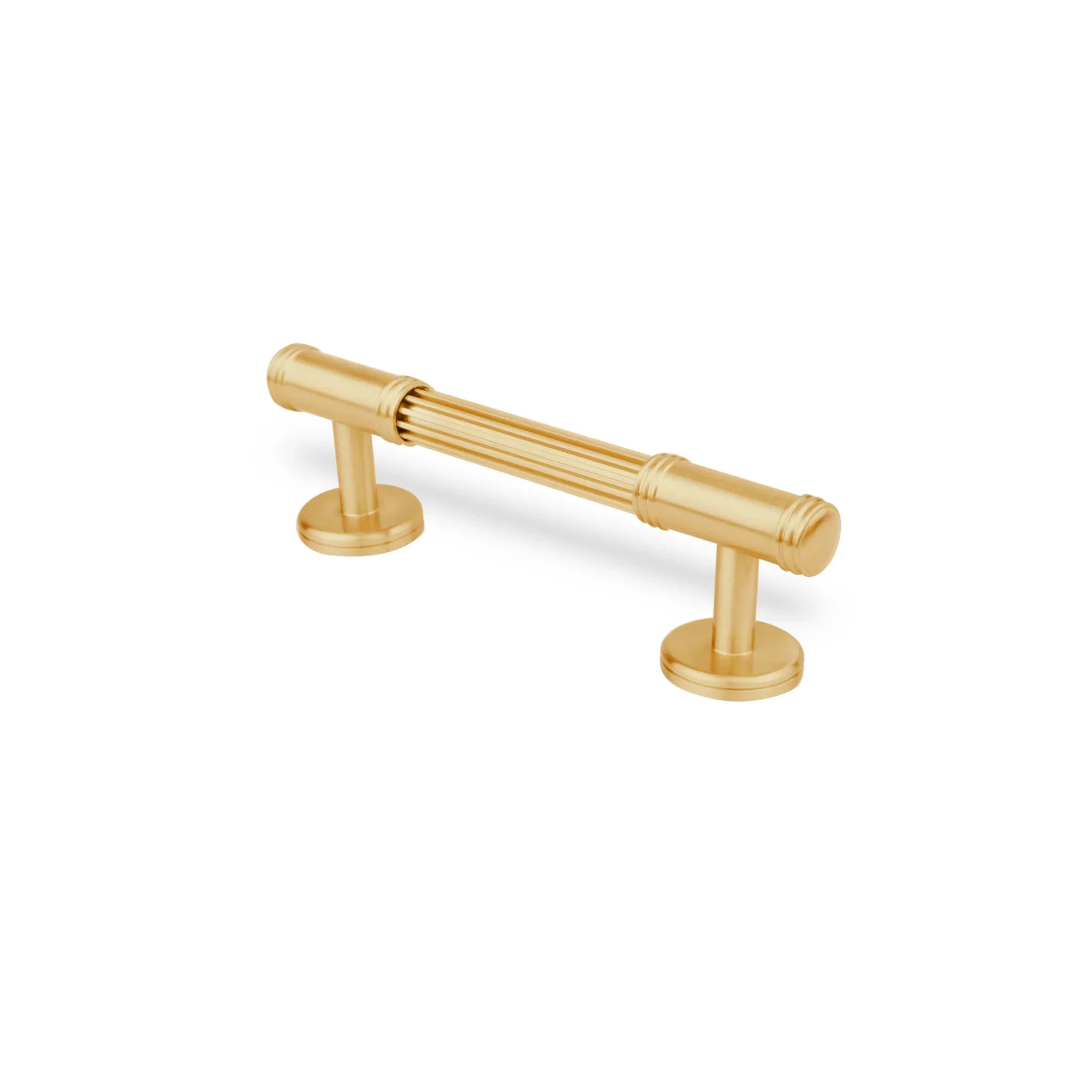 Mantara Olympus Handle B-0098 is a modern solid brass handle in brushed gold, perfect for wardrobes, kitchens, and cabinets.