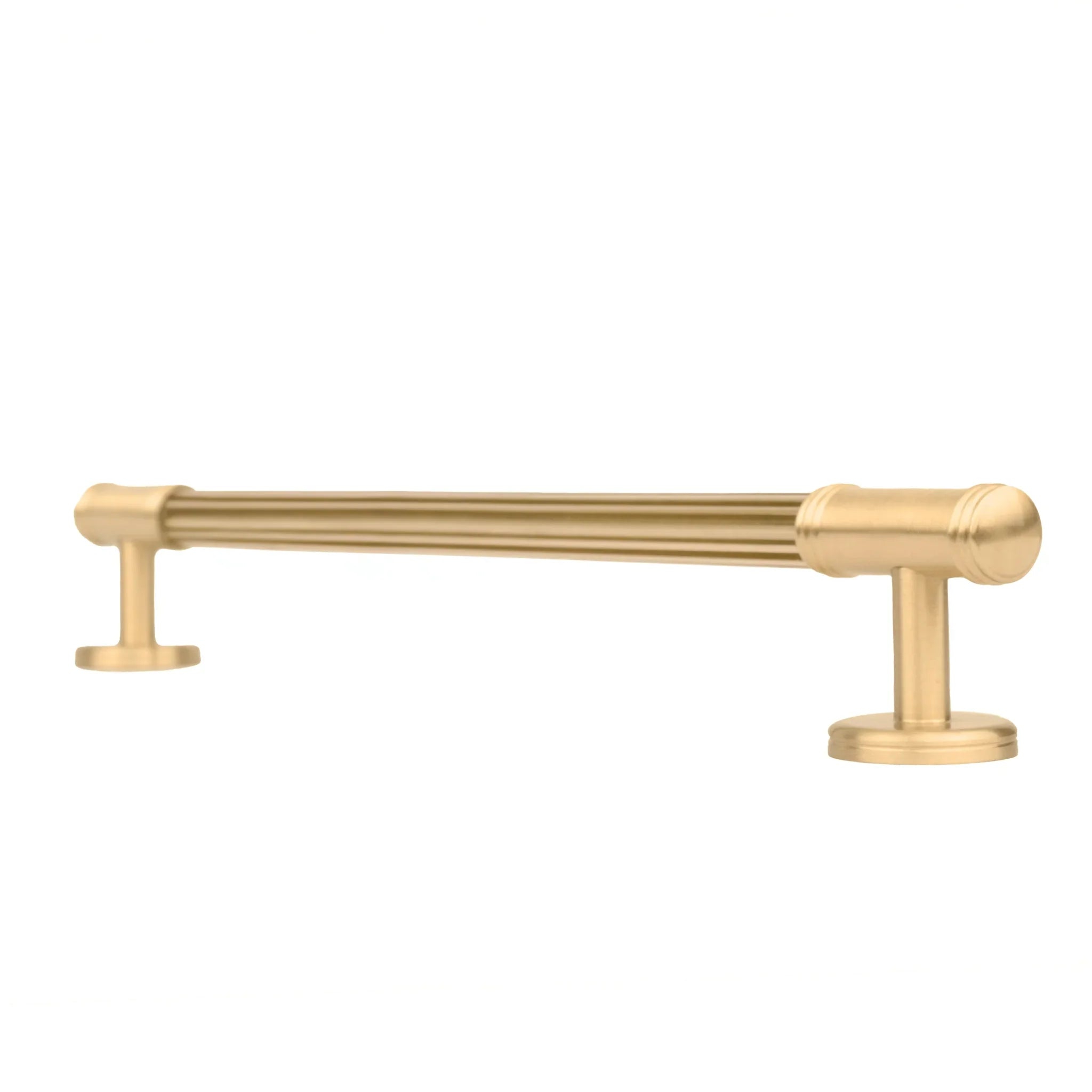 Mantara Olympus Handle B-0098 is a modern solid brass handle in brushed gold, perfect for wardrobes, kitchens, and cabinets.