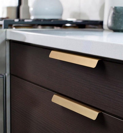 B-0050 solid brass cabinet pull handle, polished gold, sizes 217mm & 116mm, for kitchen drawers & wardrobes by Mantara