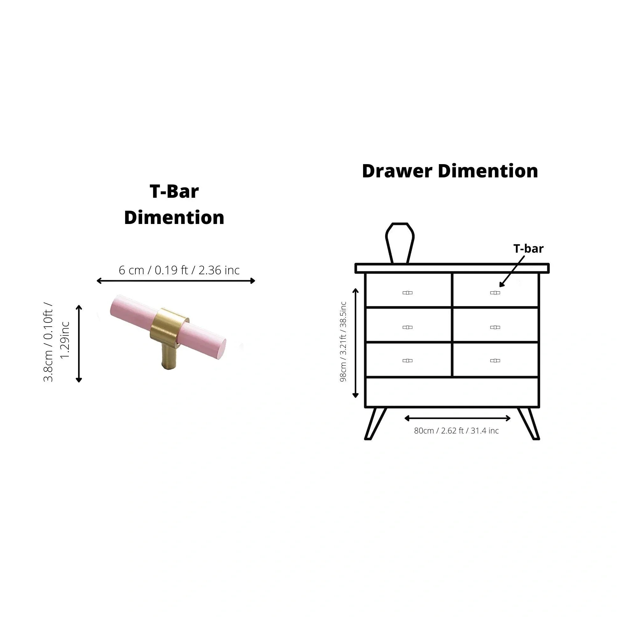 Mantara Pastel T Bar Handle W-0005 is a modern brass & beech handle in pink, ideal for drawers & cupboards.