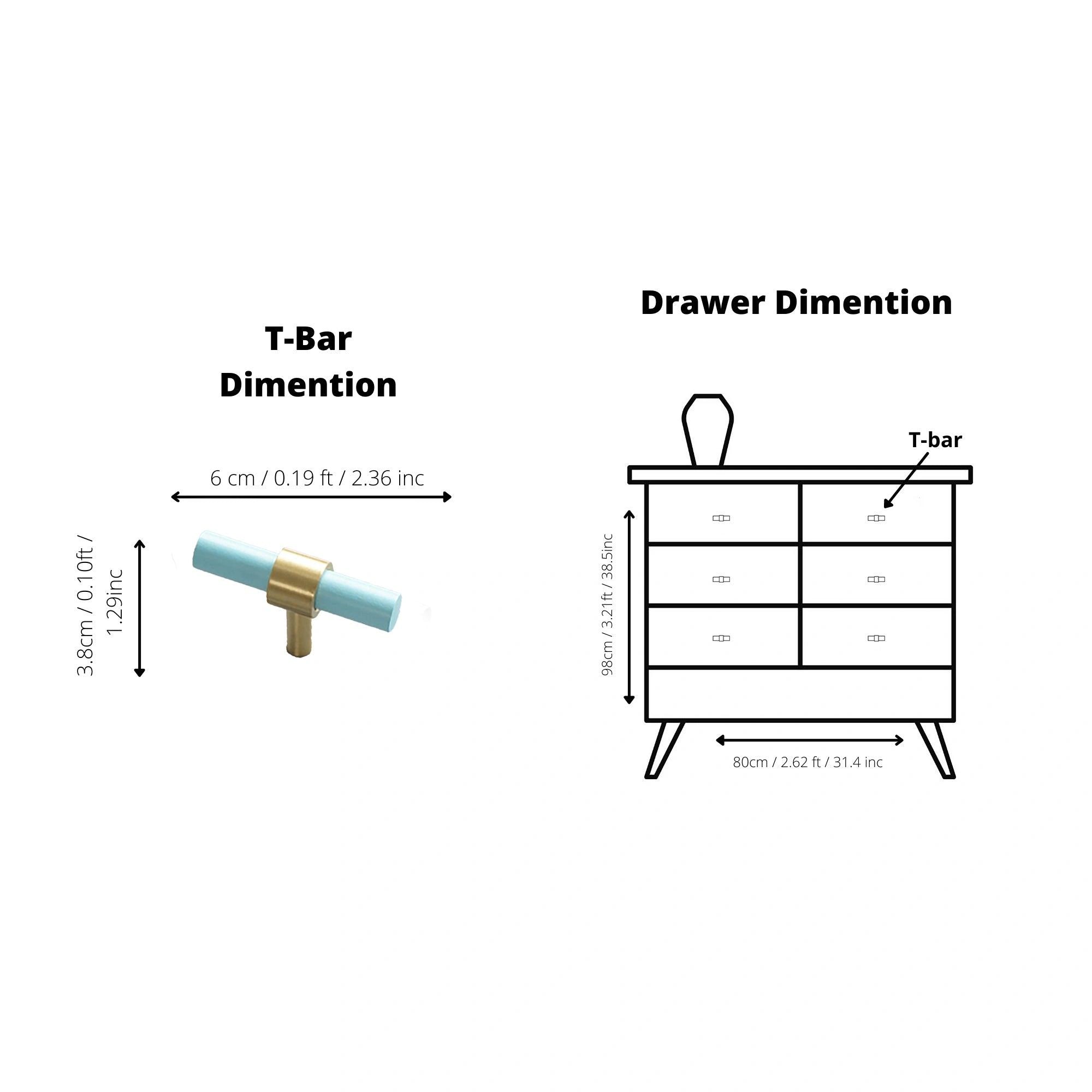 Mantara Pastel T Bar Handle W-0005 is a modern brass & beech handle in blue, ideal for drawers & cupboards.