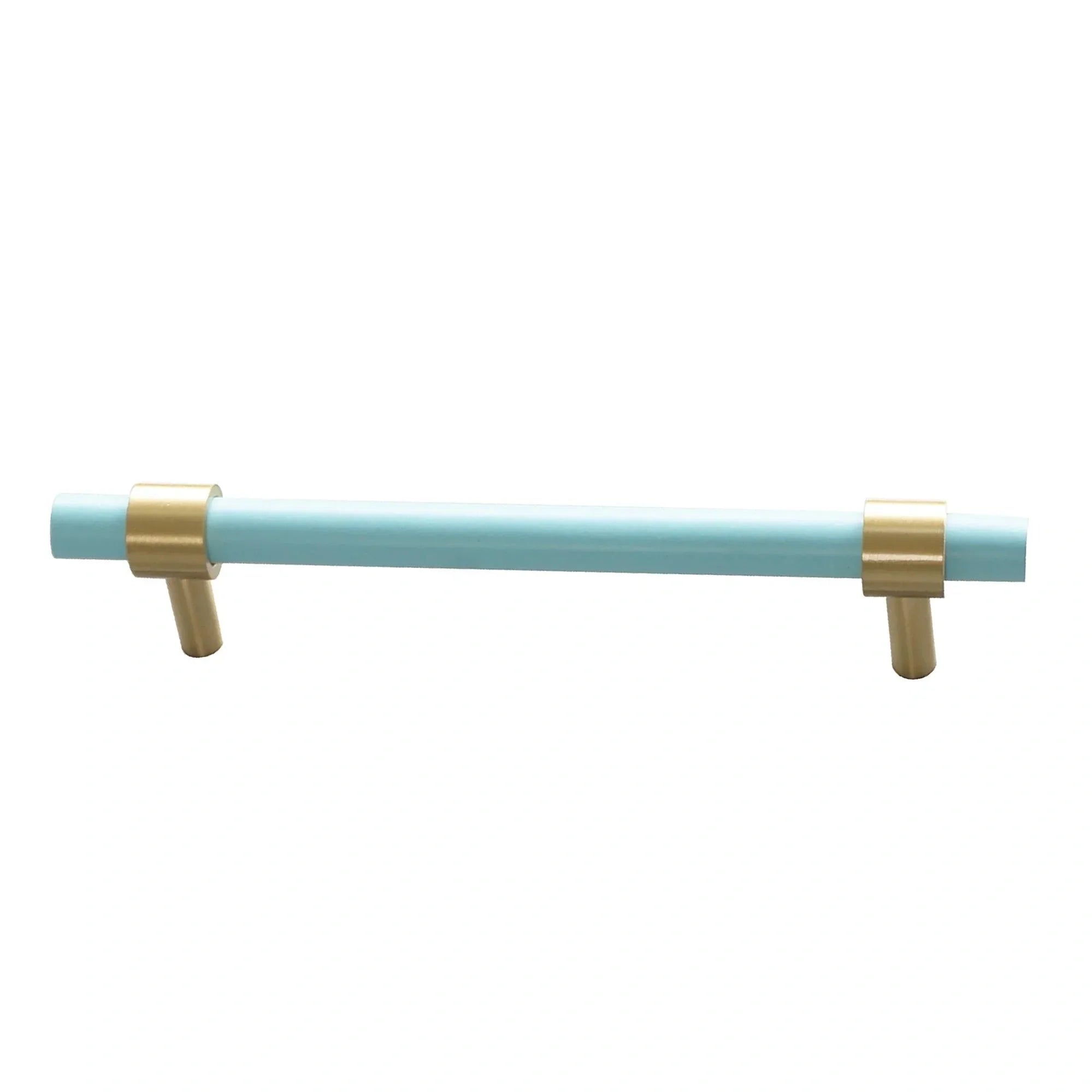 Mantara Pastel T Bar Handle W-0005 is a modern brass & beech handle in blue, ideal for drawers & cupboards.