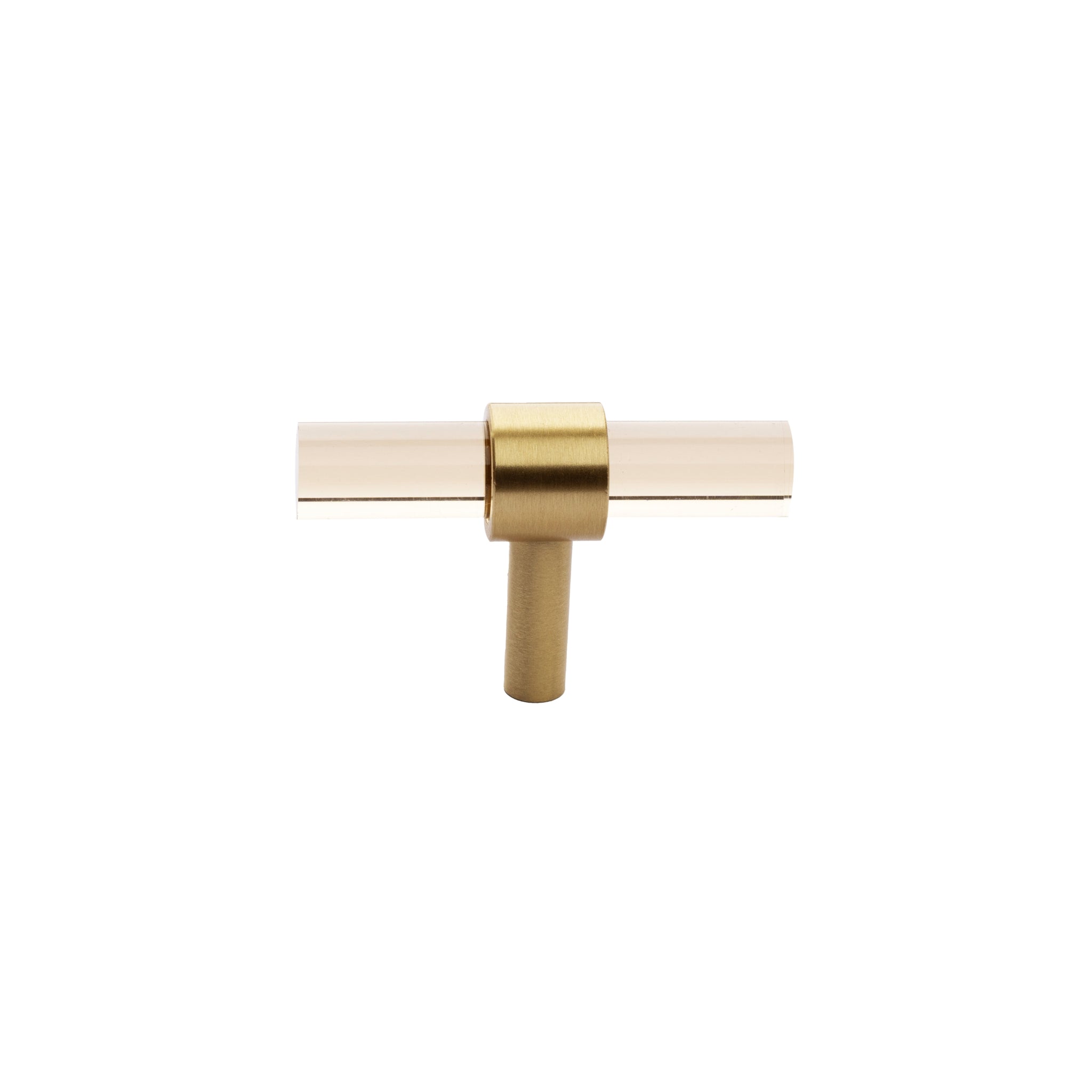 A stylish T-bar cabinet handle, Petra I made of clear acrylic and brushed brass in dark brown finish, model A-0007 by Mantara, A-0007.