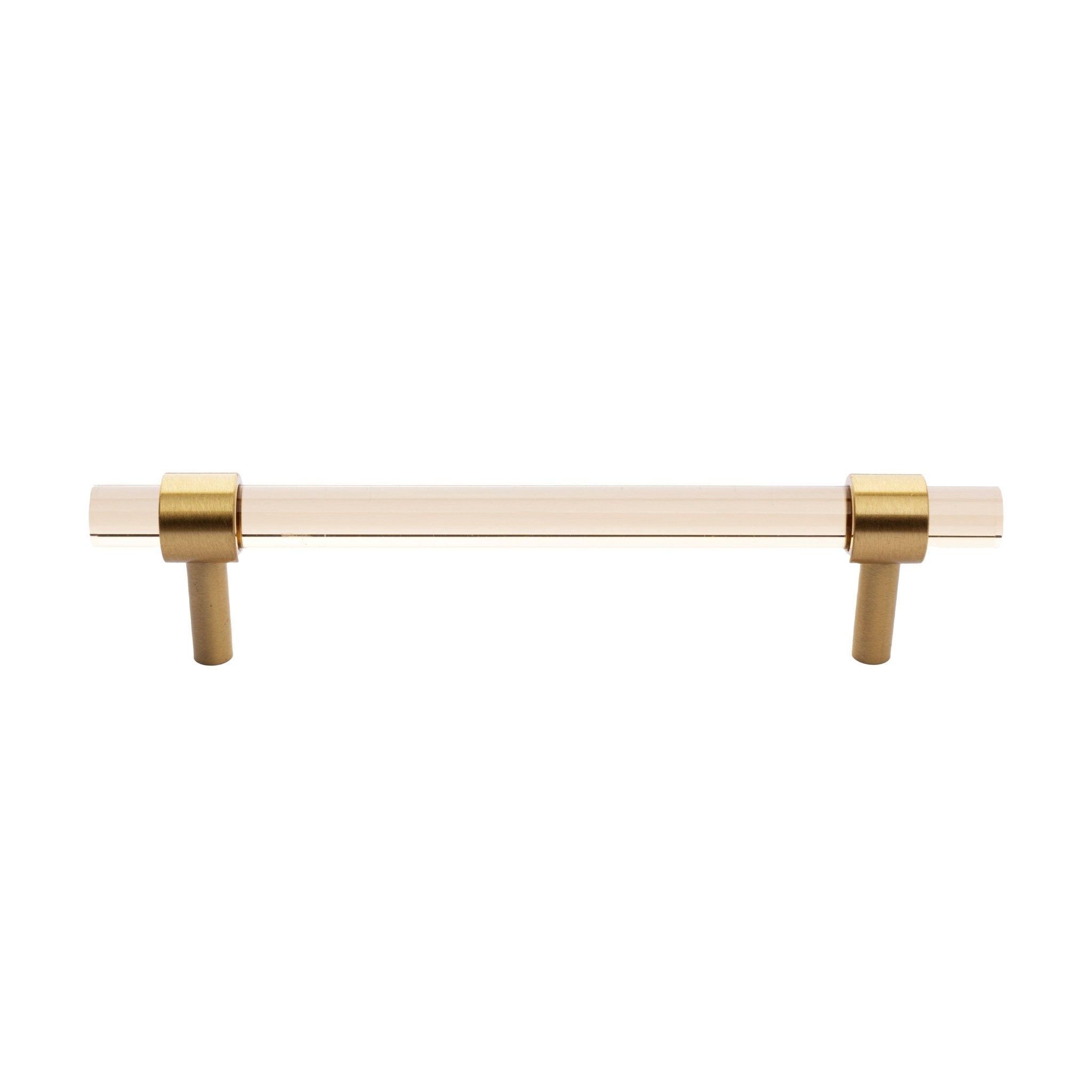 A stylish T-bar cabinet handle, Petra I made of clear acrylic and brushed brass in dark brown finish, model A-0007 by Mantara, A-0007.