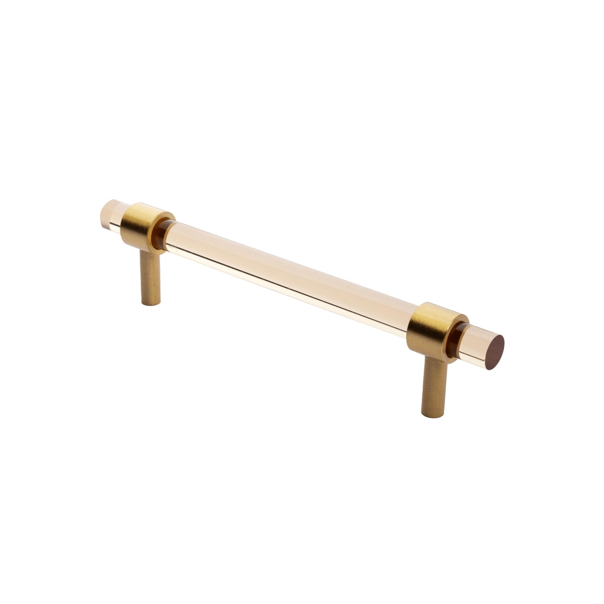 A stylish T-bar cabinet handle, Petra I made of clear acrylic and brushed brass in dark brown finish, model A-0007 by Mantara, A-0007.