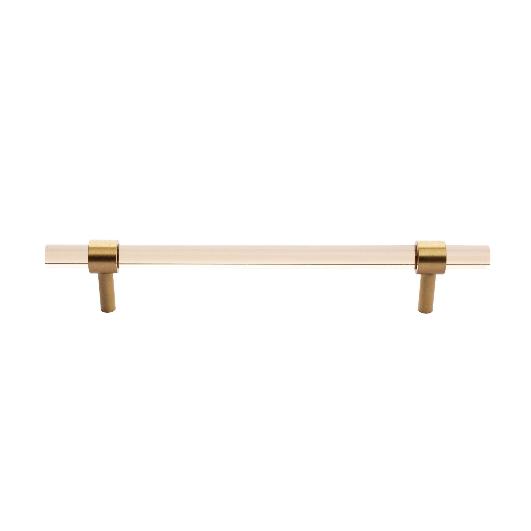 A stylish T-bar cabinet handle, Petra I made of clear acrylic and brushed brass in dark brown finish, model A-0007 by Mantara, A-0007.