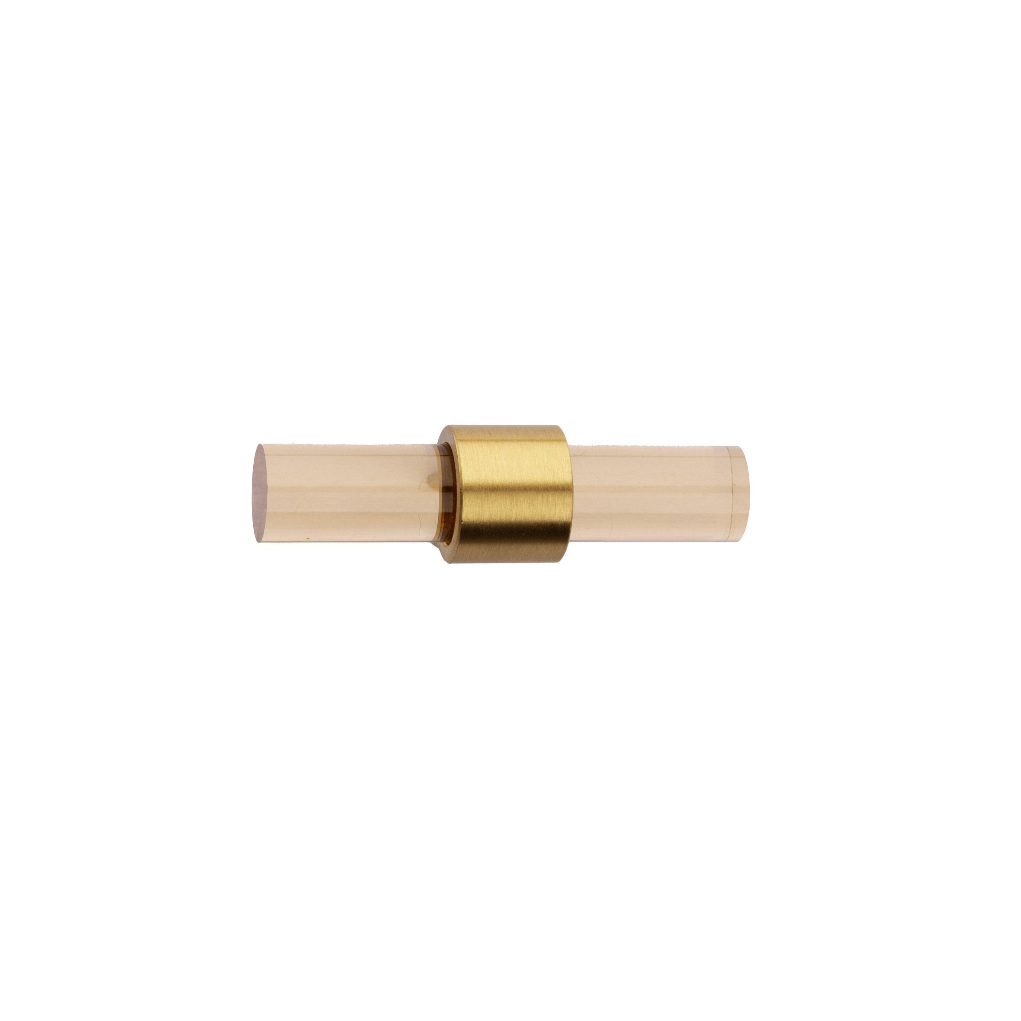 A stylish T-bar cabinet handle, Petra I made of clear acrylic and brushed brass in dark brown finish, model A-0007 by Mantara, A-0007.