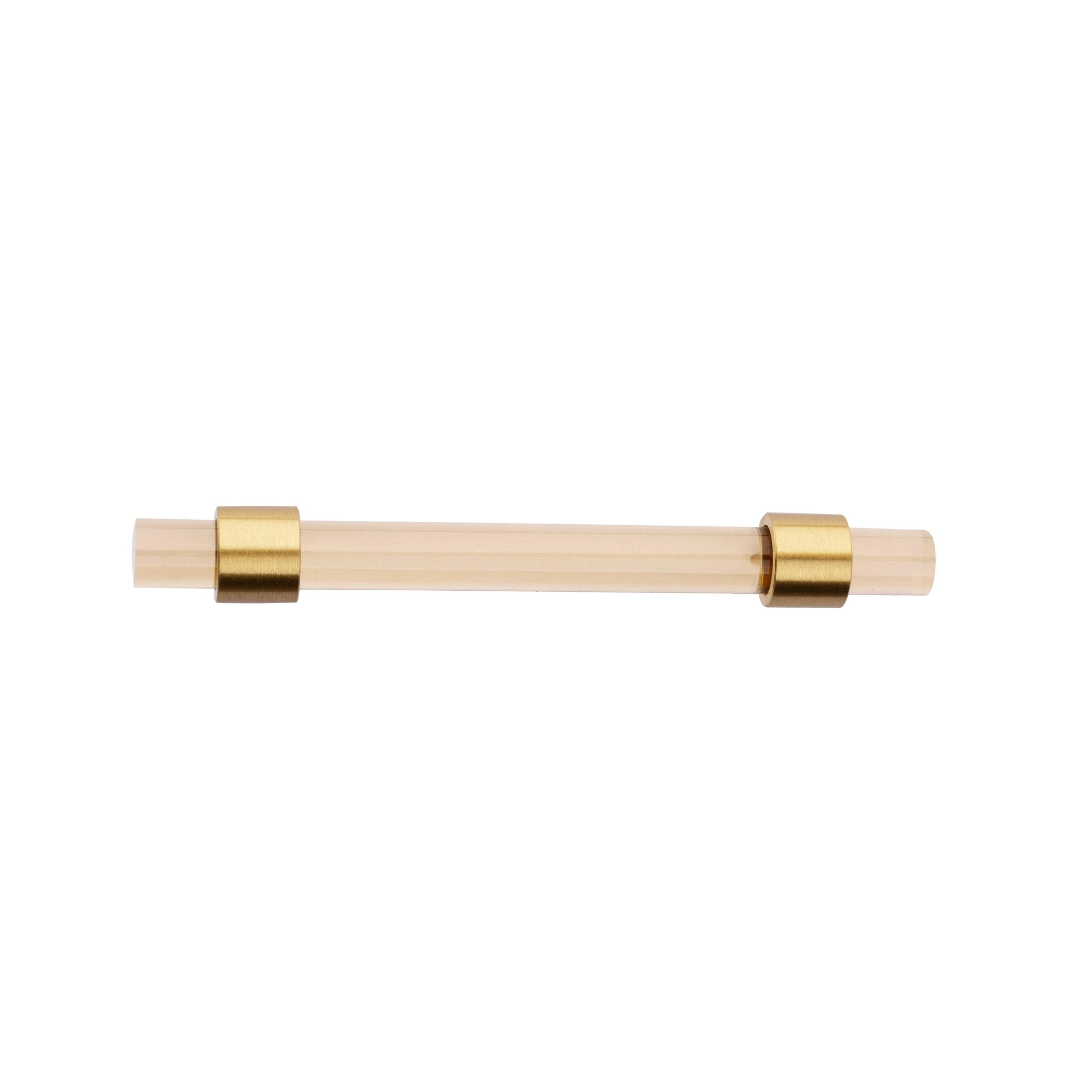 A stylish T-bar cabinet handle, Petra I made of clear acrylic and brushed brass in dark brown finish, model A-0007 by Mantara, A-0007.