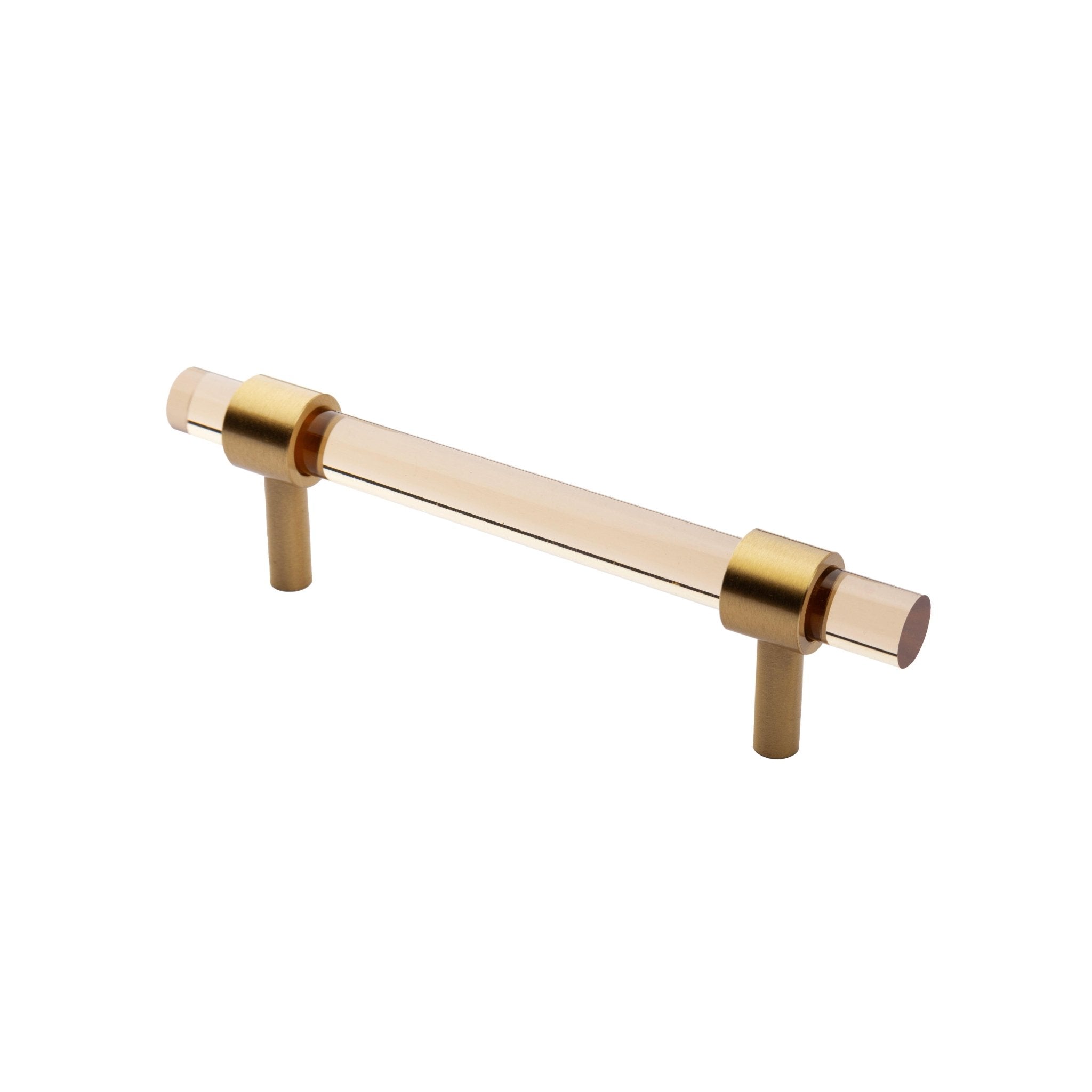 A stylish T-bar cabinet handle, Petra I made of clear acrylic and brushed brass in dark brown finish, model A-0007 by Mantara, A-0007.