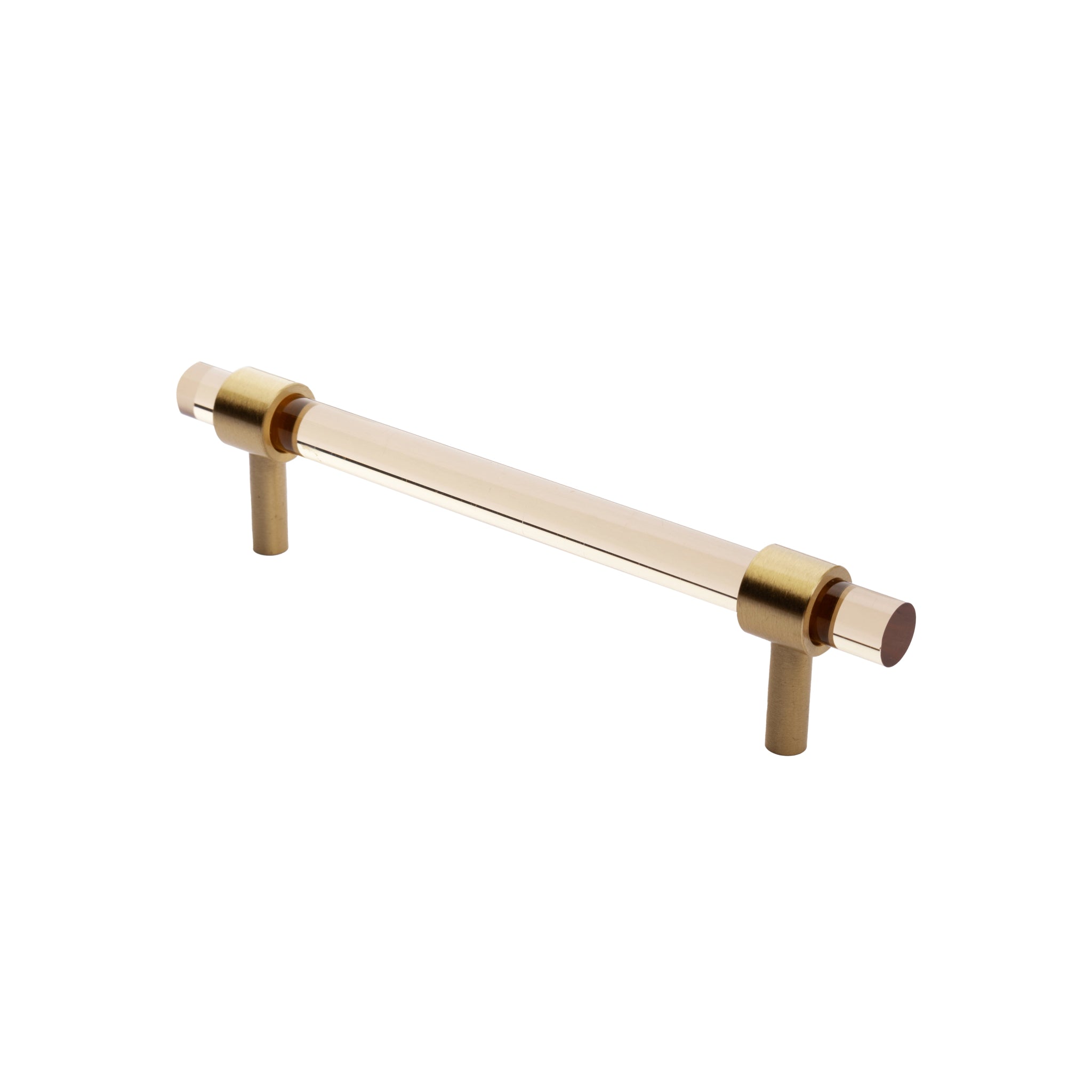 A stylish T-bar cabinet handle, Petra I made of clear acrylic and brushed brass in dark brown finish, model A-0007 by Mantara, A-0007.