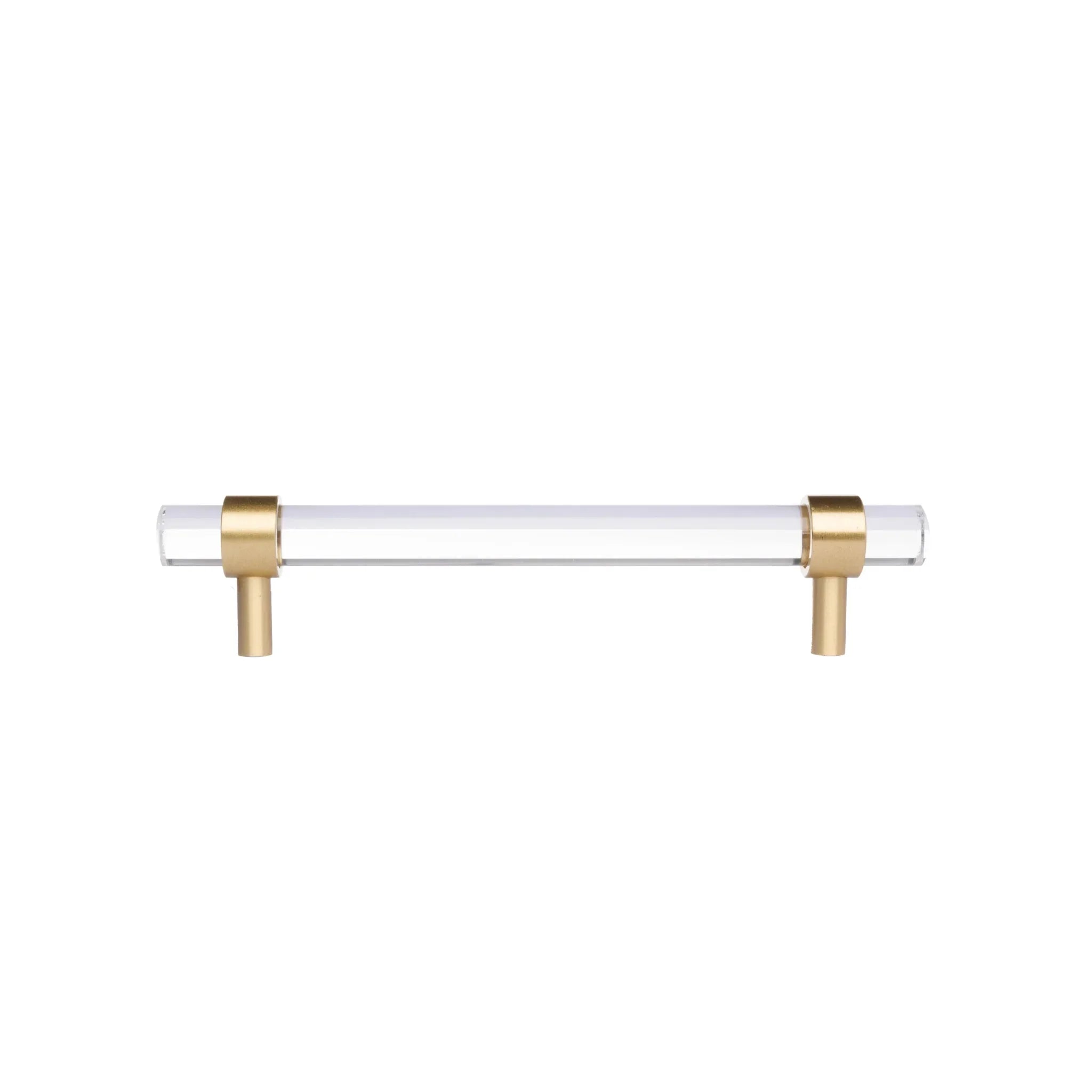 A sleek T-bar handle, Petra II made of clear acrylic with brushed brass supports in transparent white finish, model A-0008 by Mantara, A-0008.