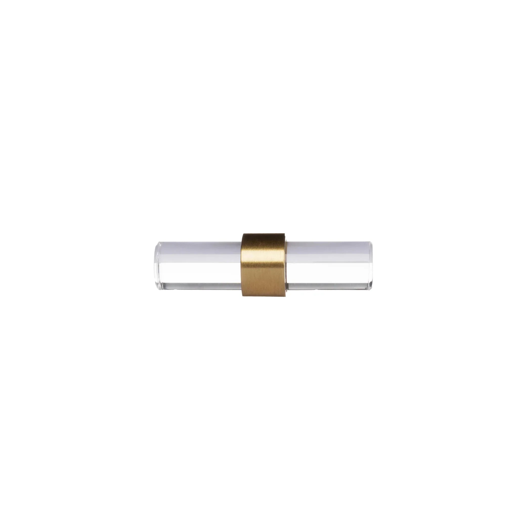 A sleek T-bar handle, Petra II made of clear acrylic with brushed brass supports in transparent white finish, model A-0008 by Mantara, A-0008.
