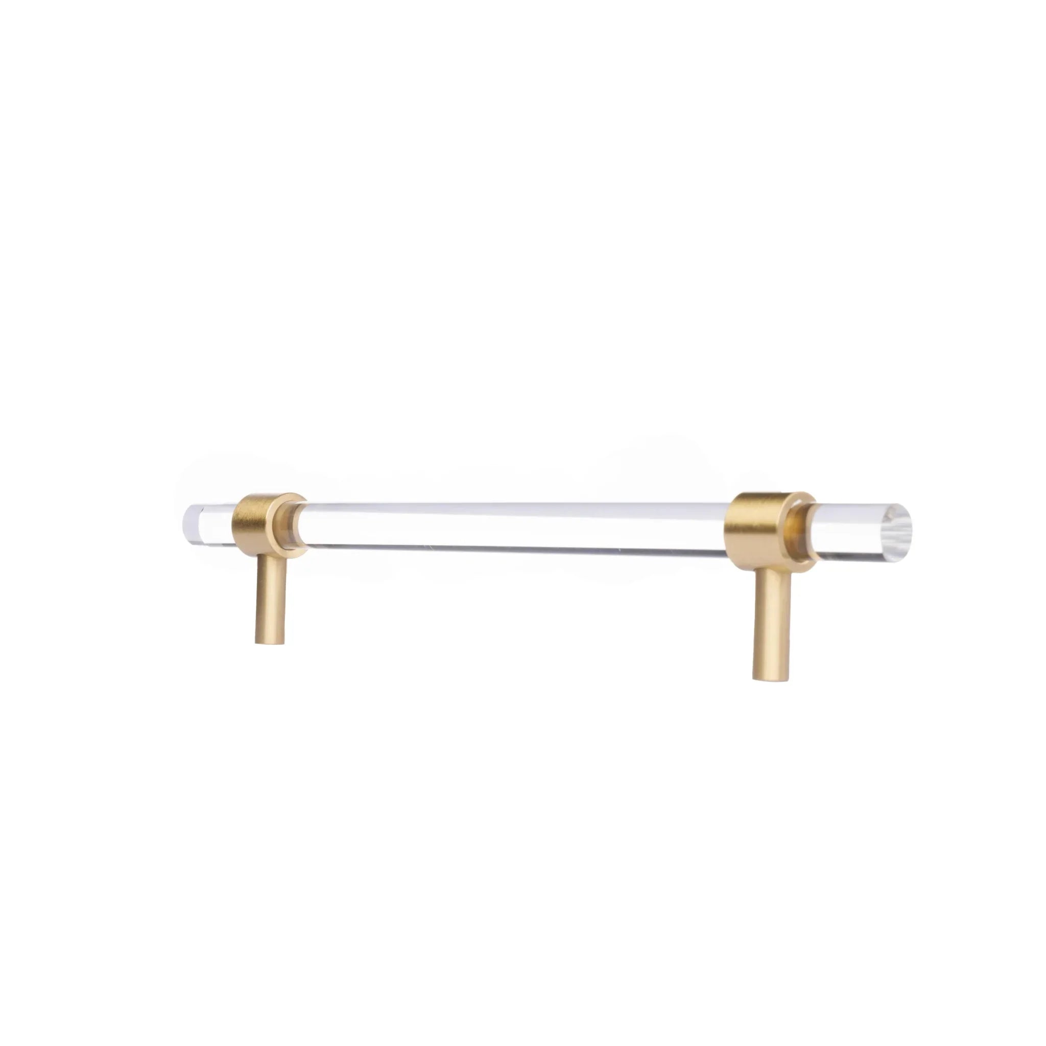 A sleek T-bar handle, Petra II made of clear acrylic with brushed brass supports in transparent white finish, model A-0008 by Mantara, A-0008.