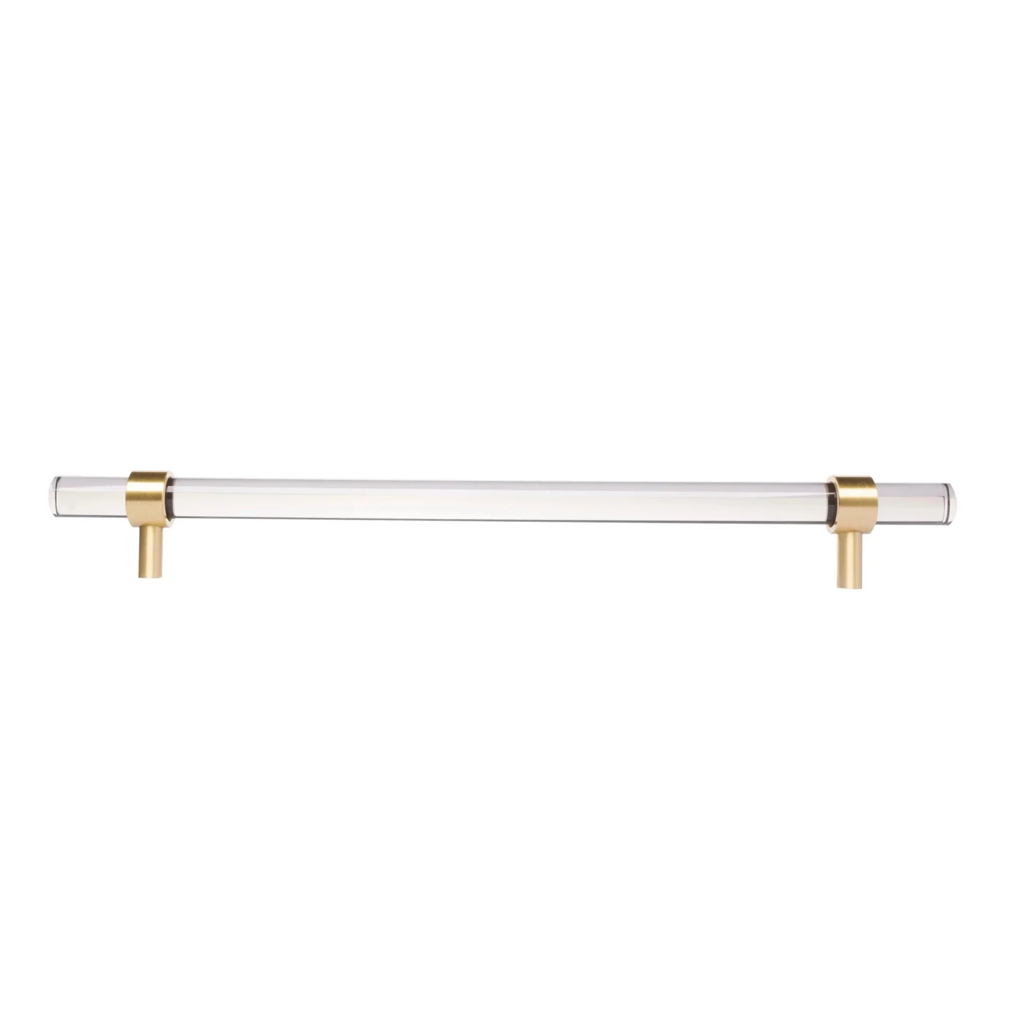 A sleek T-bar handle, Petra II made of clear acrylic with brushed brass supports in transparent white finish, model A-0008 by Mantara, A-0008.