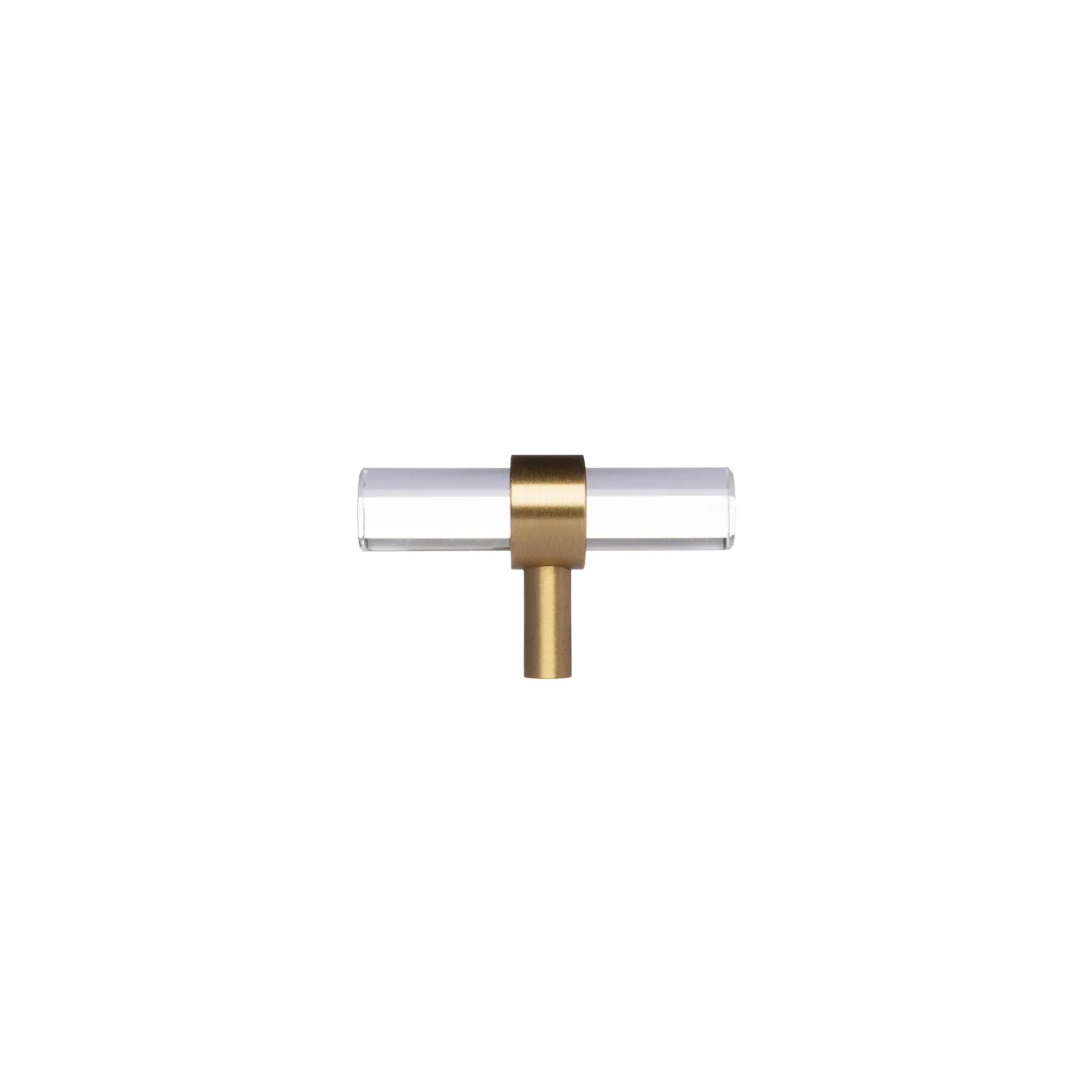 A sleek T-bar handle, Petra II made of clear acrylic with brushed brass supports in transparent white finish, model A-0008 by Mantara, A-0008.