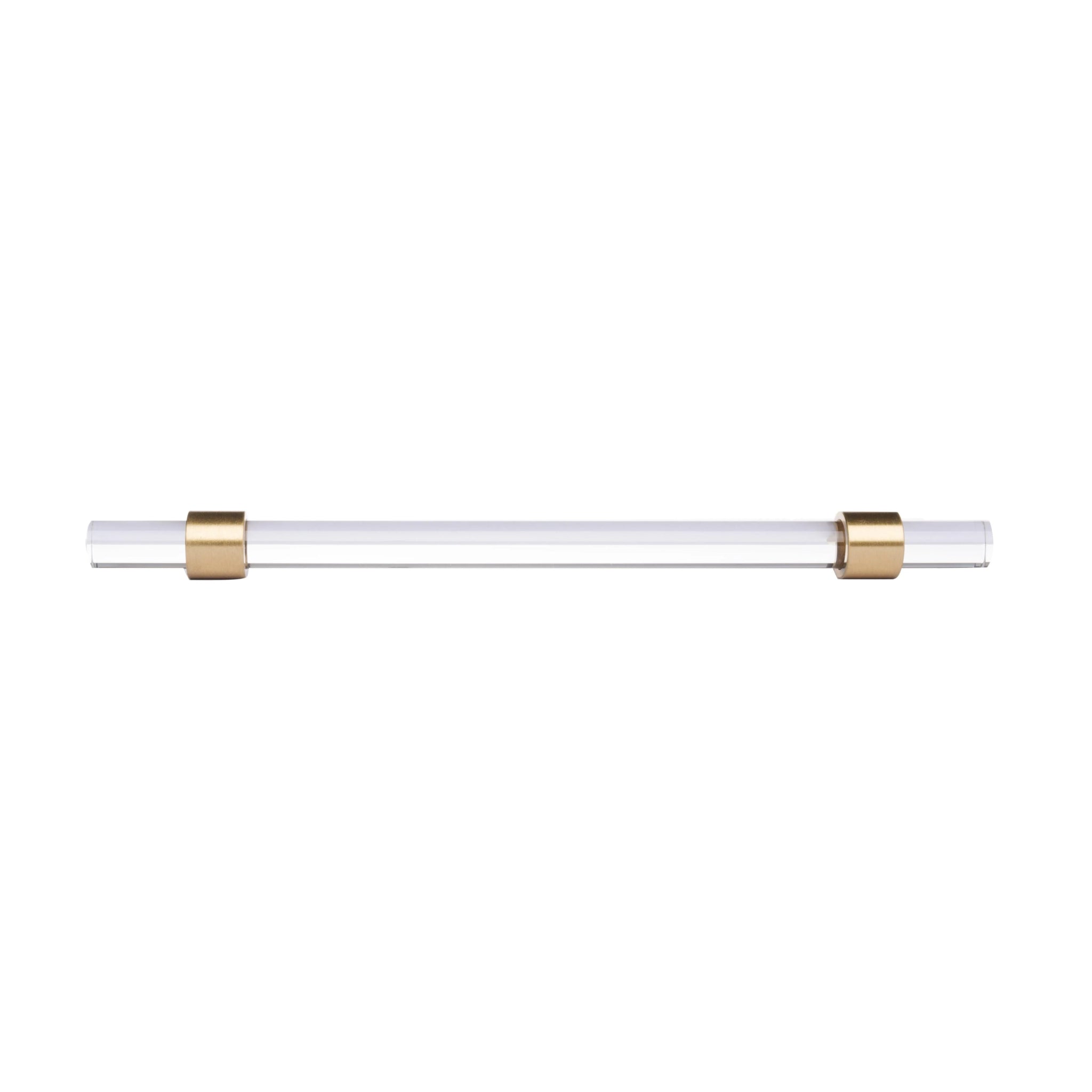 A sleek T-bar handle, Petra II made of clear acrylic with brushed brass supports in transparent white finish, model A-0008 by Mantara, A-0008.