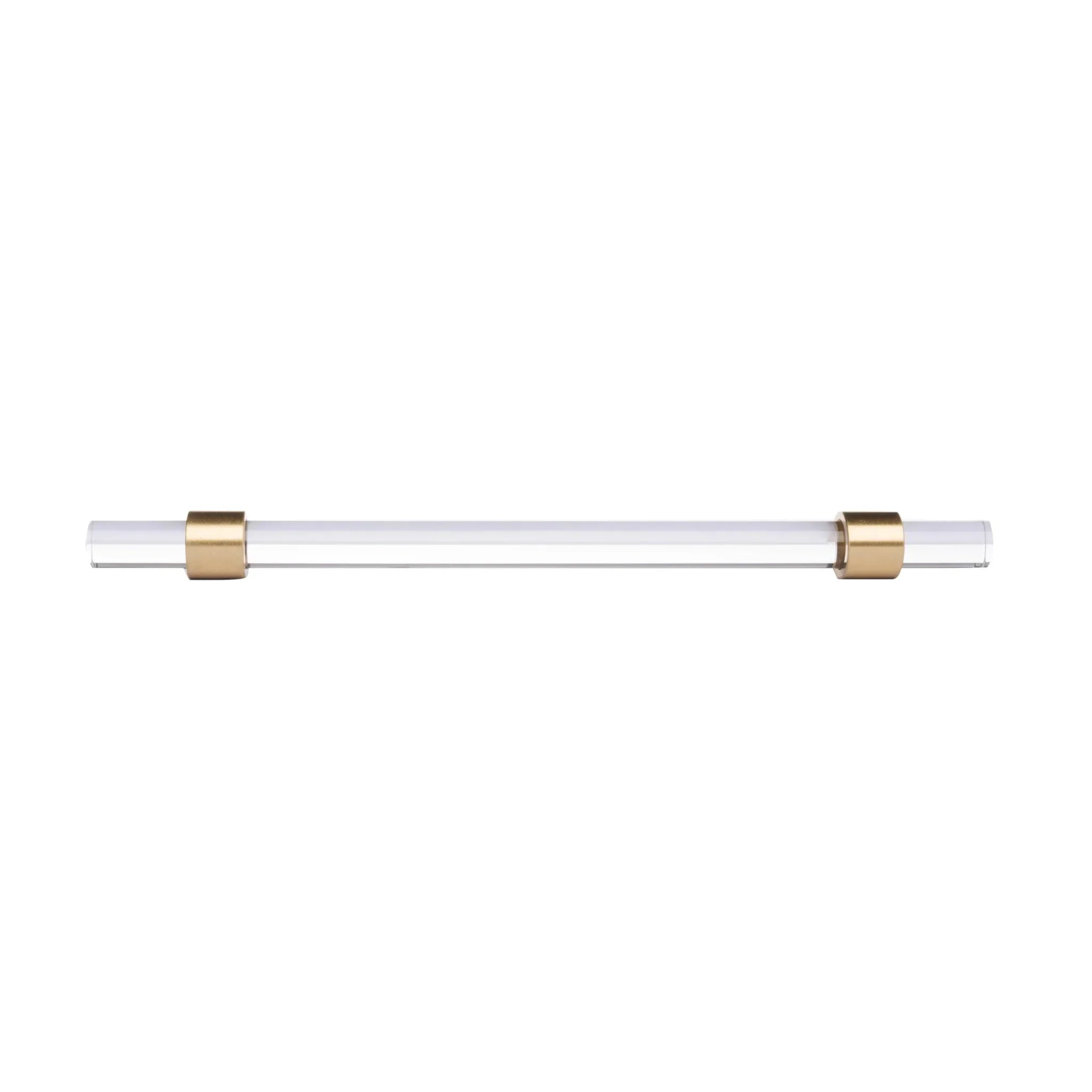 A sleek T-bar handle, Petra II made of clear acrylic with brushed brass supports in transparent white finish, model A-0008 by Mantara, A-0008.
