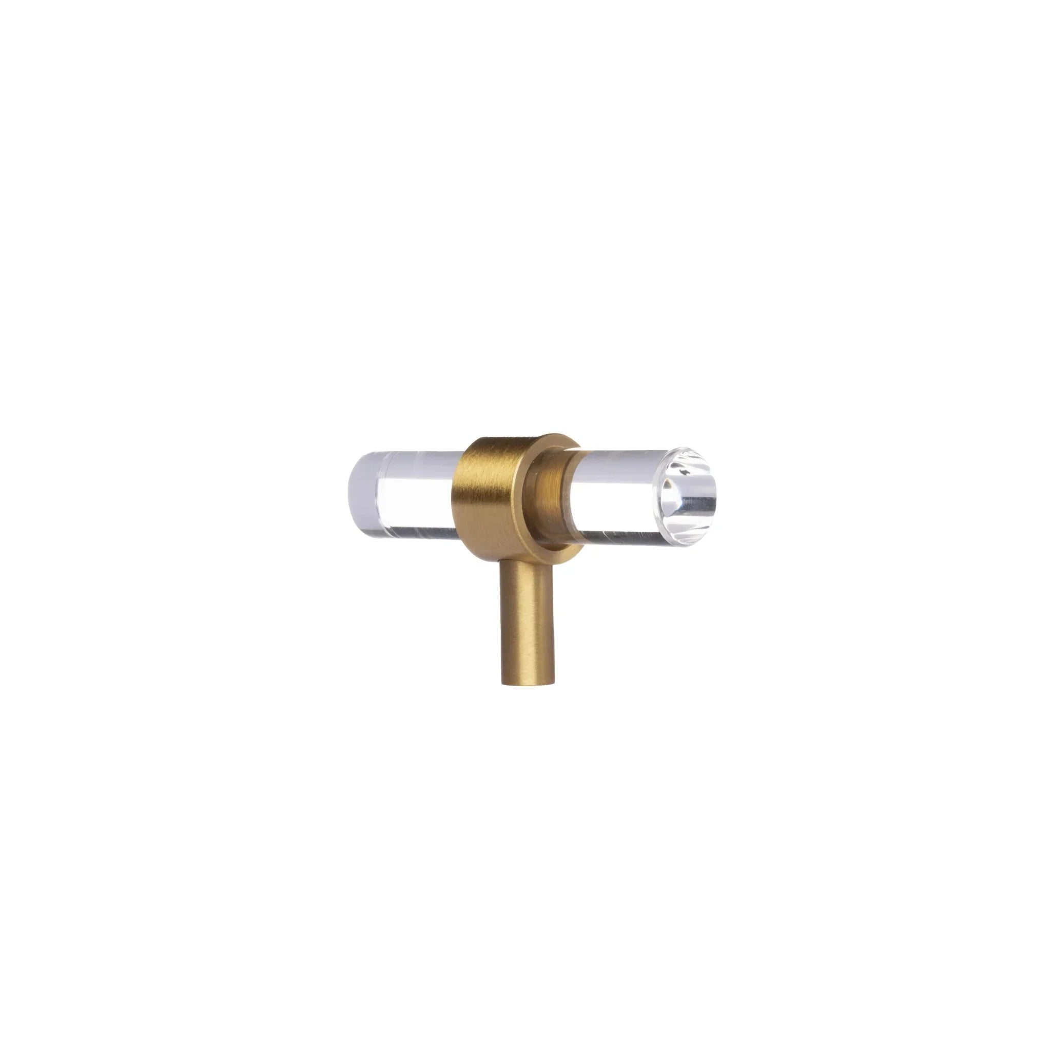 A sleek T-bar handle, Petra II made of clear acrylic with brushed brass supports in transparent white finish, model A-0008 by Mantara, A-0008.