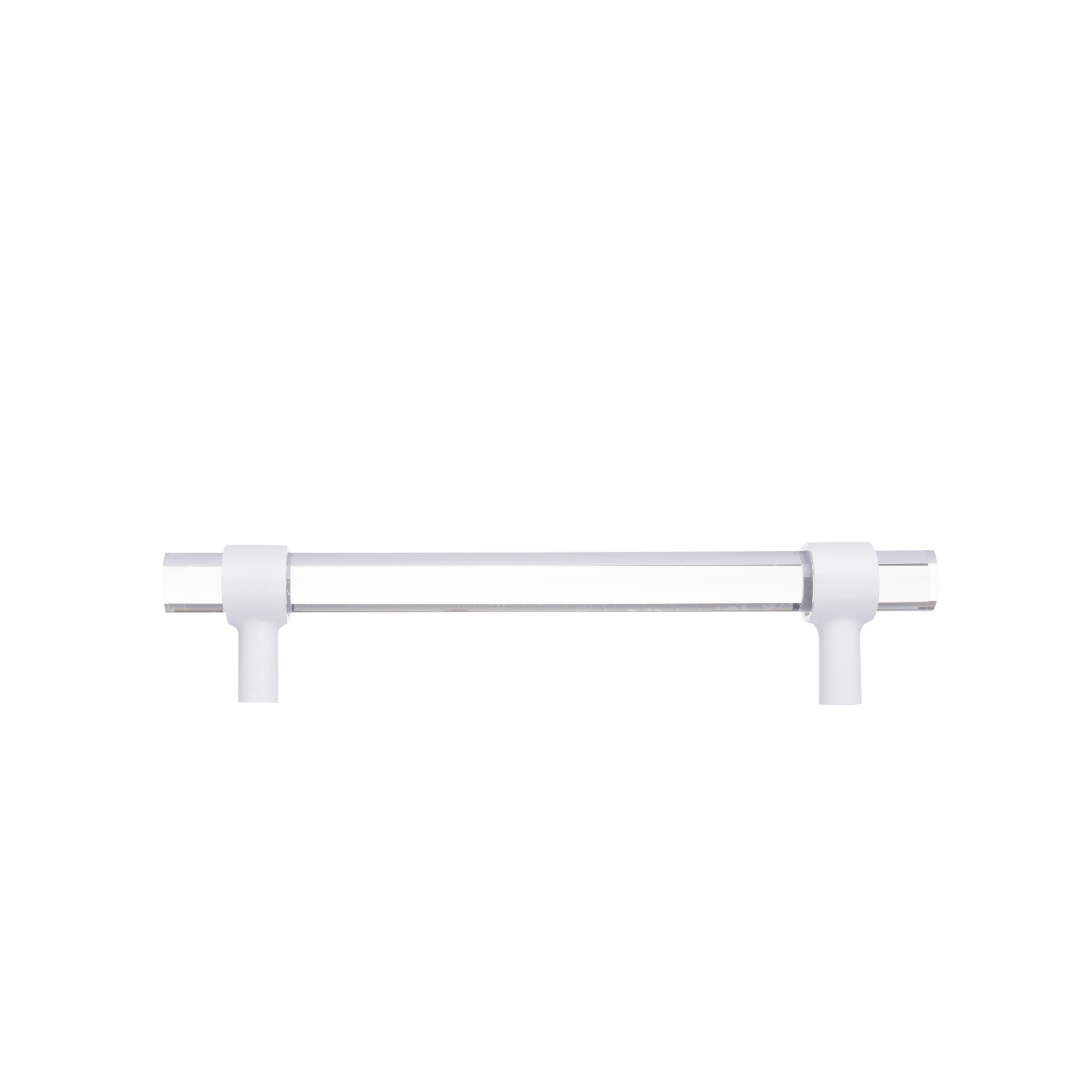 A sleek bar handle, Petra III made of acrylic with polished brass mounts in white finish, model A-0009 by Mantara, SKU A-0009.