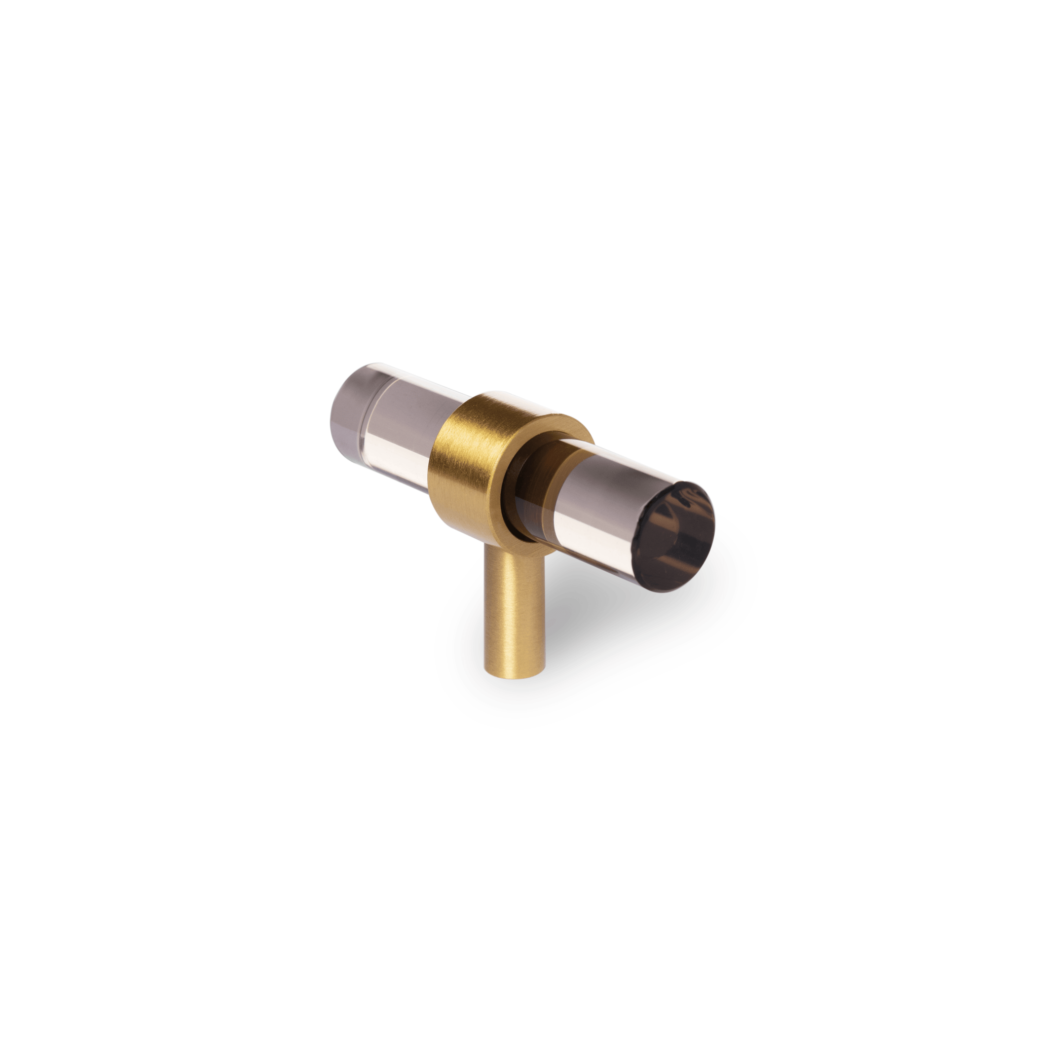 A modern cabinet bar handle, Petra V crafted from grey acrylic with polished brass mounts, model A-0011 by Mantara, SKU A-0011.