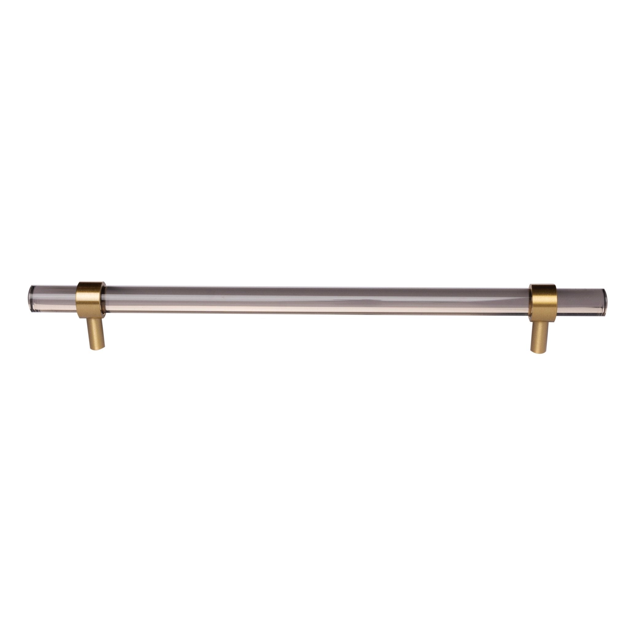A modern cabinet bar handle, Petra V crafted from grey acrylic with polished brass mounts, model A-0011 by Mantara, SKU A-0011.