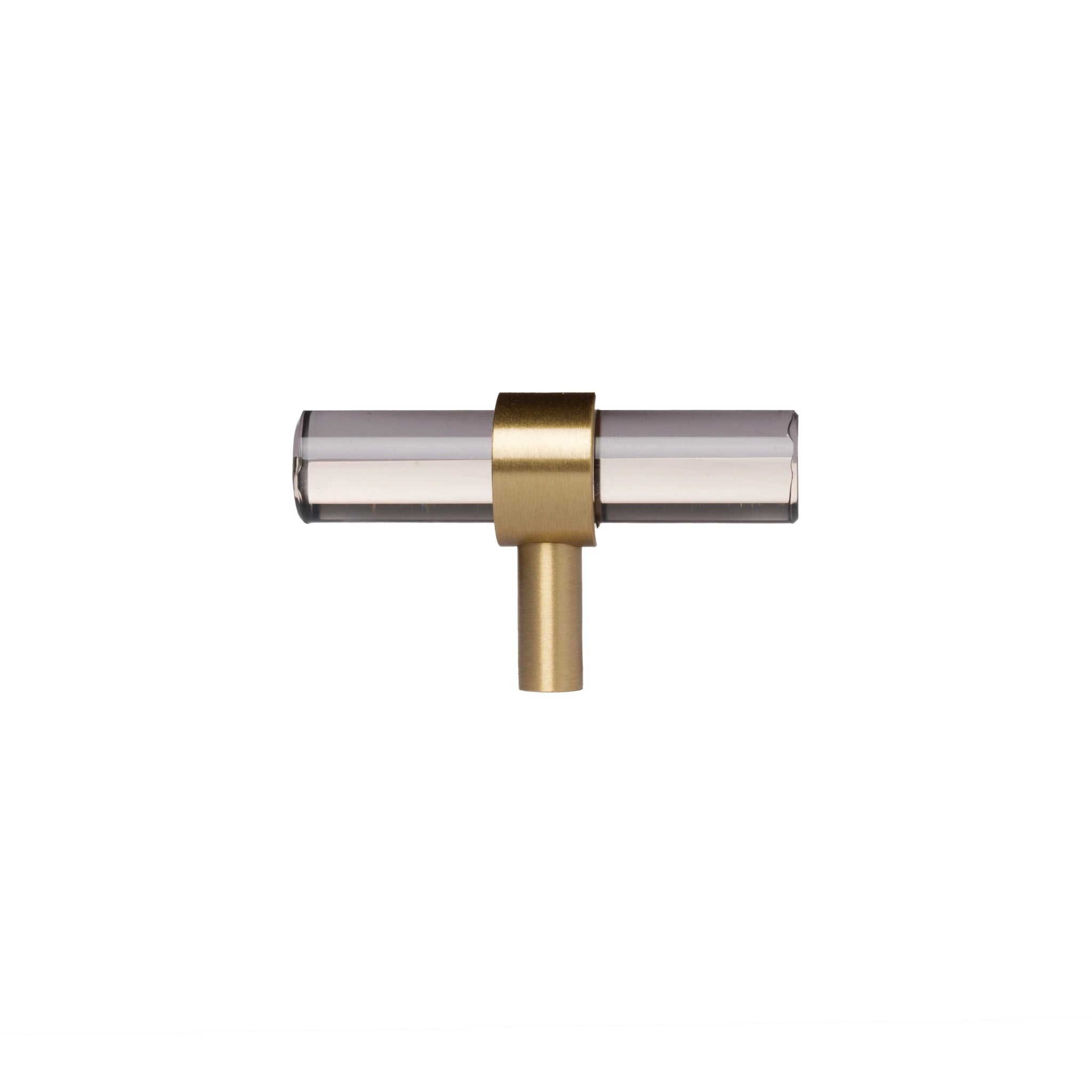 A modern cabinet bar handle, Petra V crafted from grey acrylic with polished brass mounts, model A-0011 by Mantara, SKU A-0011.
