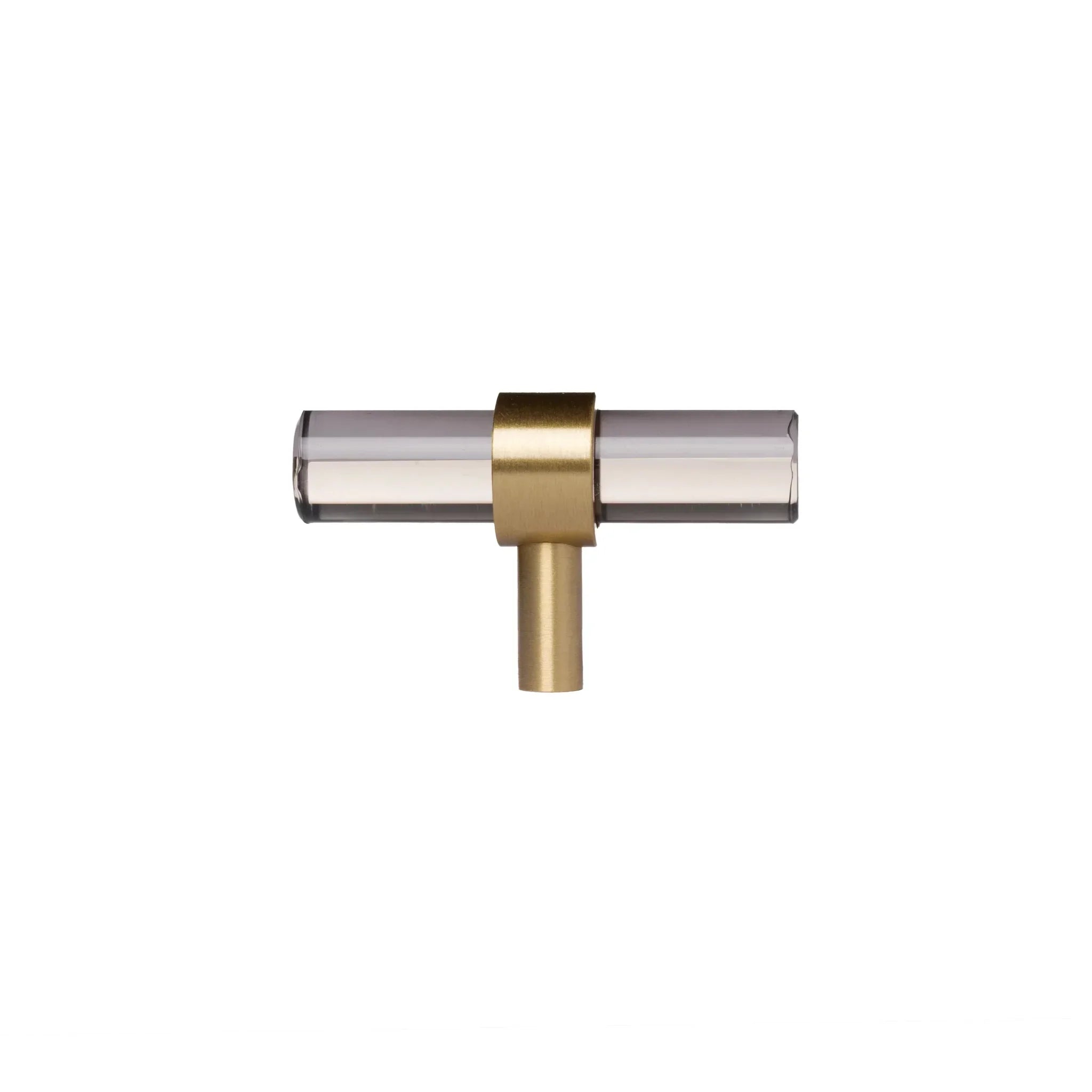 A modern cabinet bar handle, Petra V crafted from grey acrylic with polished brass mounts, model A-0011 by Mantara, SKU A-0011.