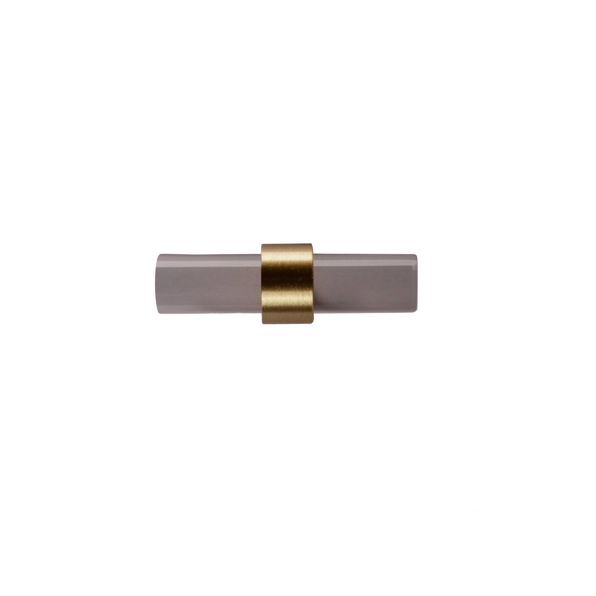A modern cabinet bar handle, Petra V crafted from grey acrylic with polished brass mounts, model A-0011 by Mantara, SKU A-0011.