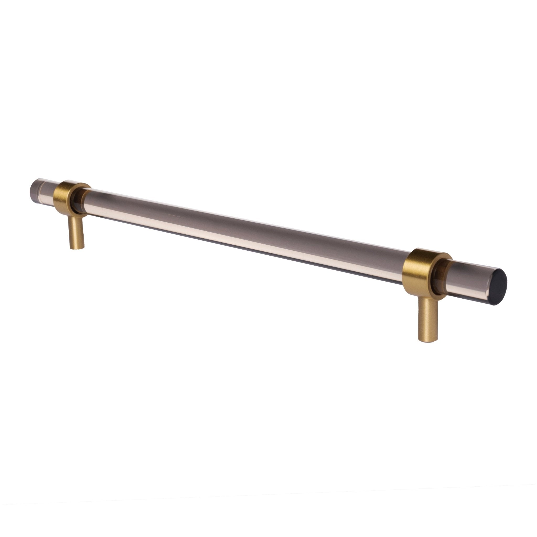 A modern cabinet bar handle, Petra V crafted from grey acrylic with polished brass mounts, model A-0011 by Mantara, SKU A-0011.