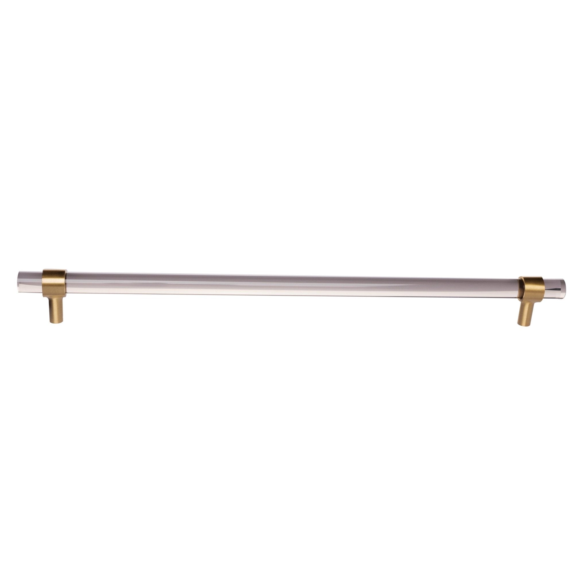 A modern cabinet bar handle, Petra V crafted from grey acrylic with polished brass mounts, model A-0011 by Mantara, SKU A-0011.