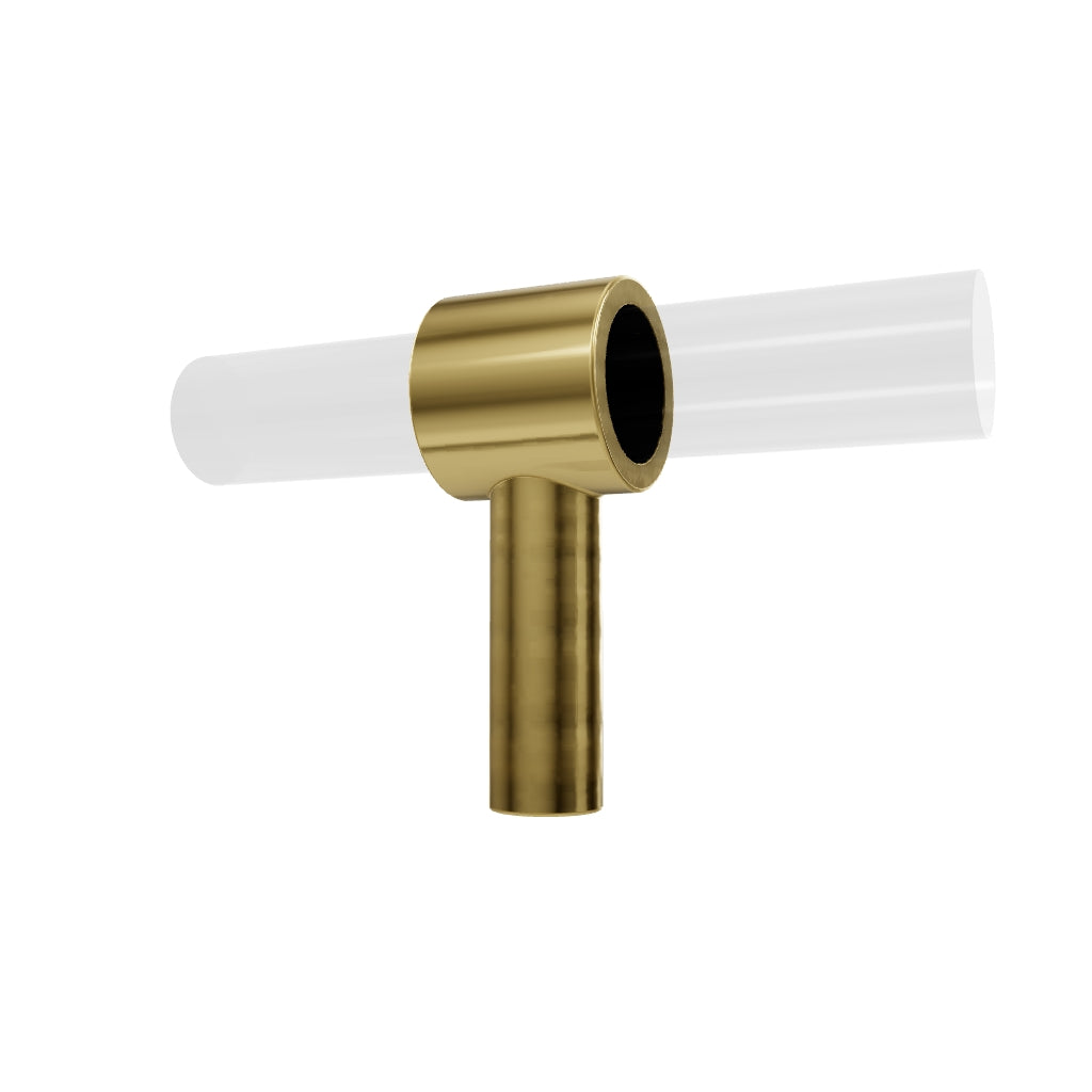 A sleek T-bar handle, Petra II made of clear acrylic with brushed brass supports in transparent white finish, model A-0008 by Mantara, A-0008.