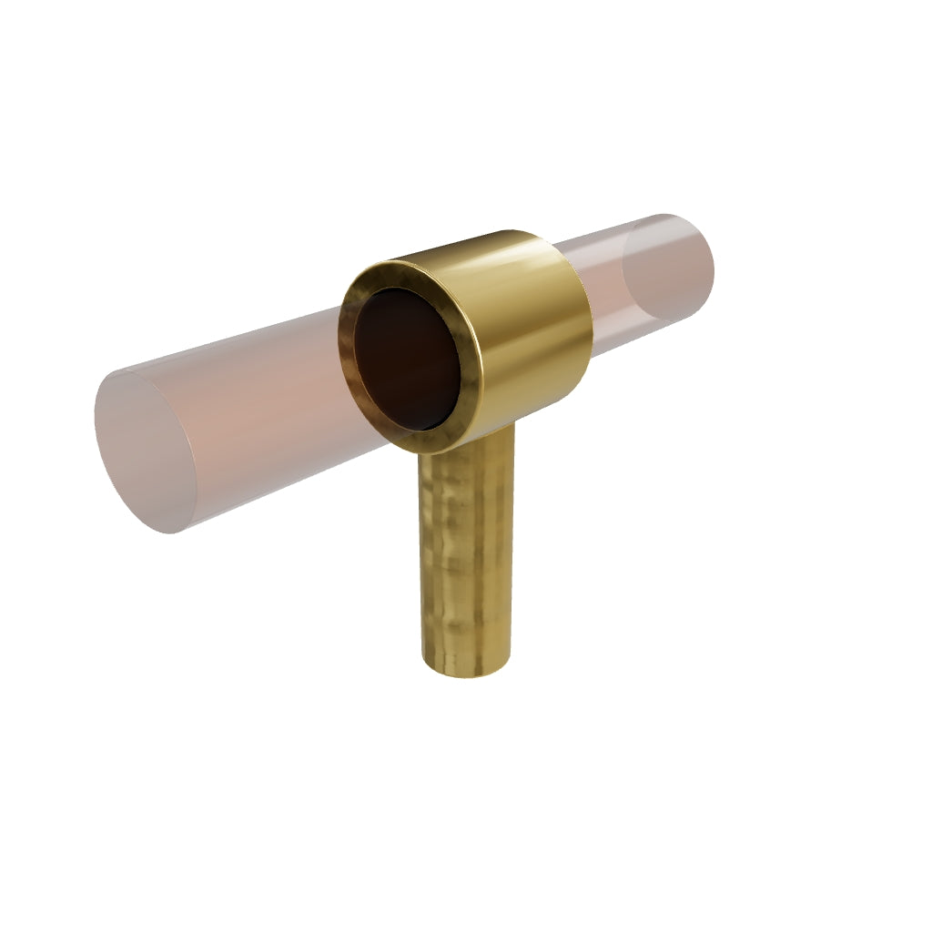 A stylish T-bar cabinet handle, Petra I made of clear acrylic and brushed brass in dark brown finish, model A-0007 by Mantara, A-0007.