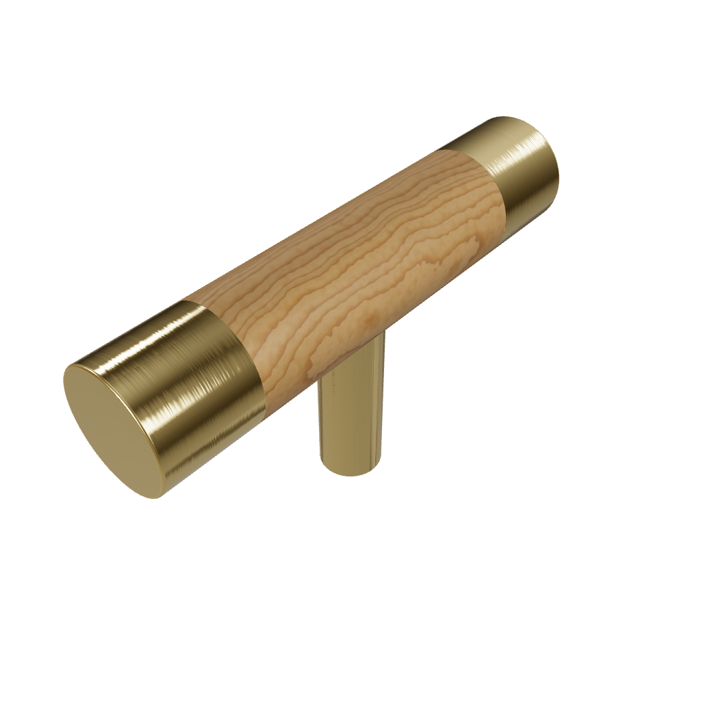 Cinnamon Handle W-0008 in brushed brass & wood, sizes 63–278mm, ideal for wardrobes, cabinets & drawers—by Mantara.