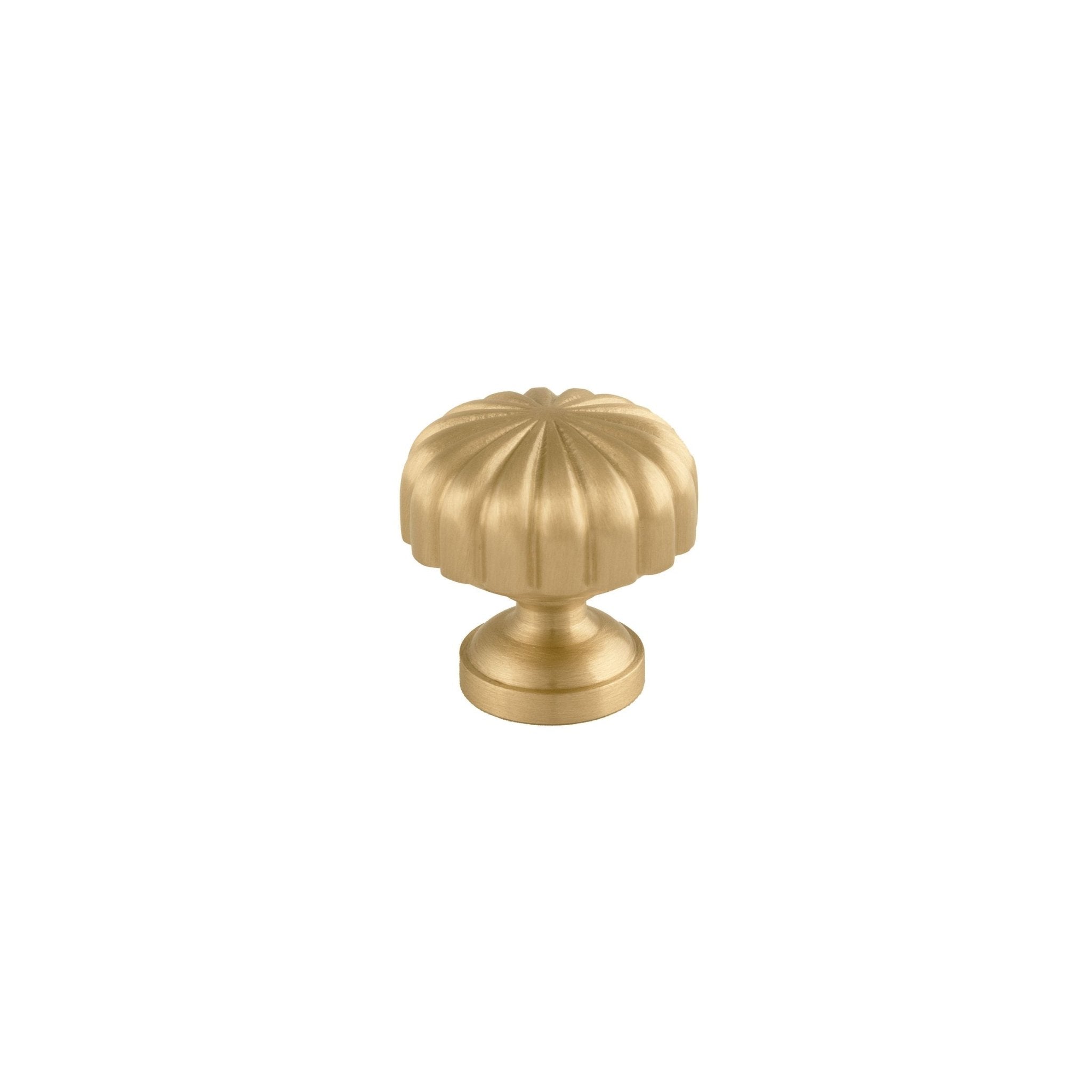 B‑0076 Radial solid brass knob in brushed gold finish, 25 mm diameter, modern style for wardrobes, cabinets, drawers, doors and bathrooms by Mantara.