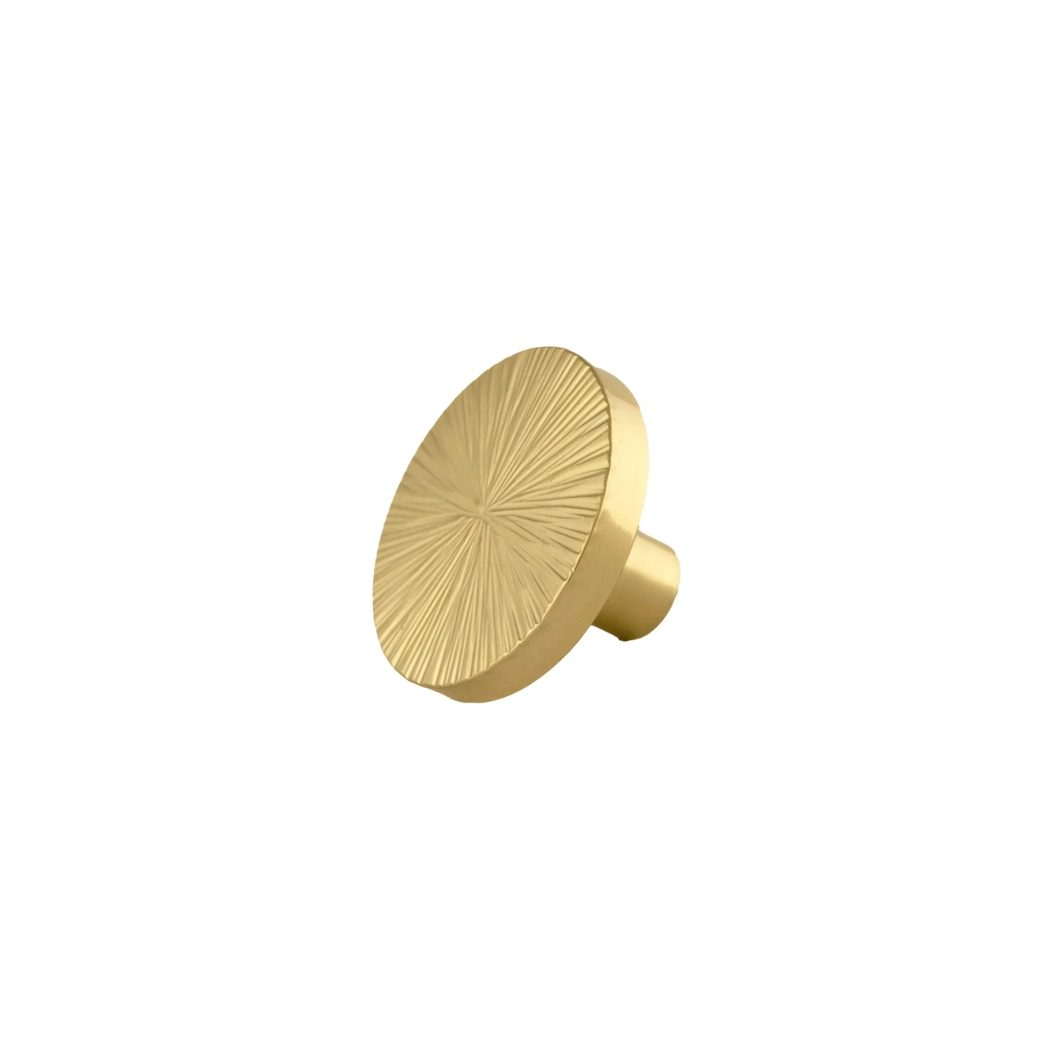 Mantara Radiate Knob B-0103 is a modern polished brass knob in gold, ideal for drawers, cabinets, and furniture.