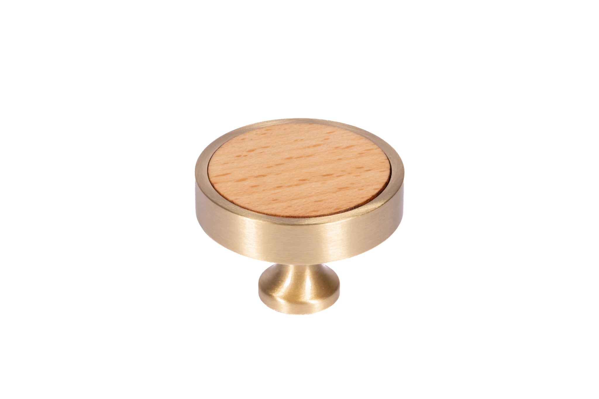 Mantara Rohin Knob W-0050 is a modern beige wood and brass knob, ideal for kitchen drawers, dresser drawers.
