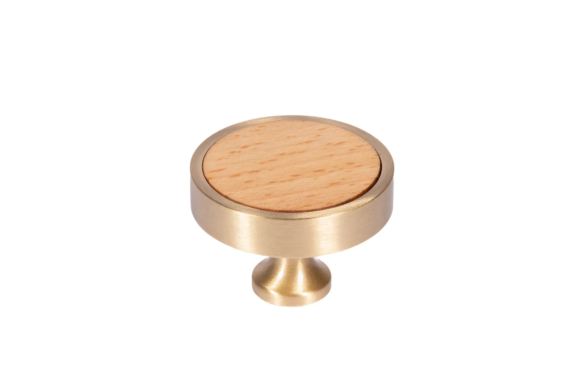 Mantara Rohin Knob W-0050 is a modern beige wood and brass knob, ideal for kitchen drawers, dresser drawers.