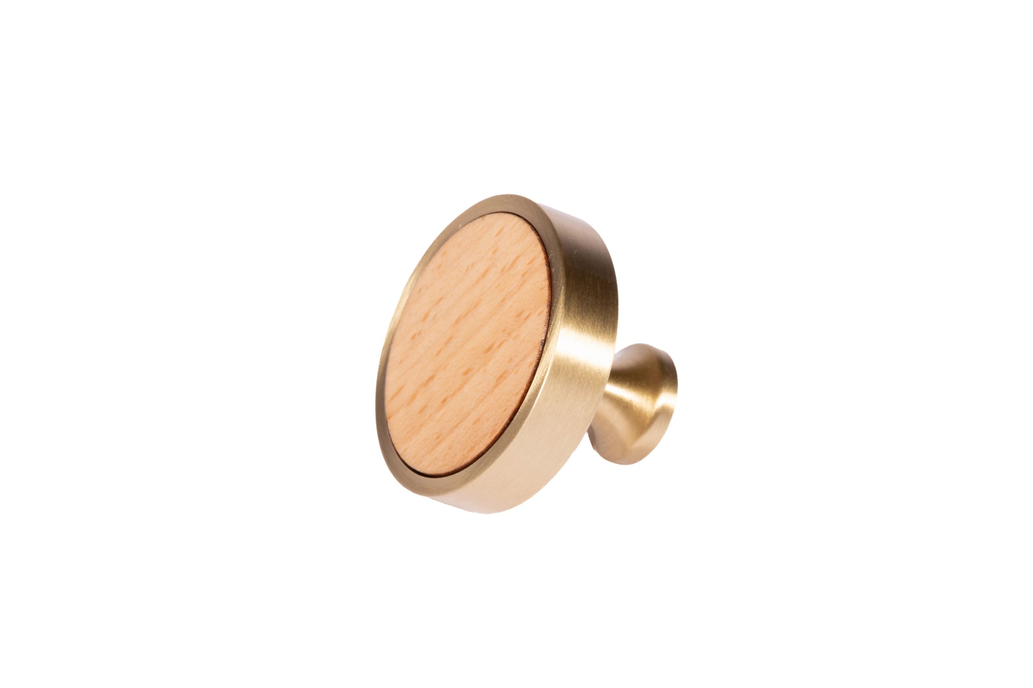 Mantara Rohin Knob W-0050 is a modern beige wood and brass knob, ideal for kitchen drawers, dresser drawers.