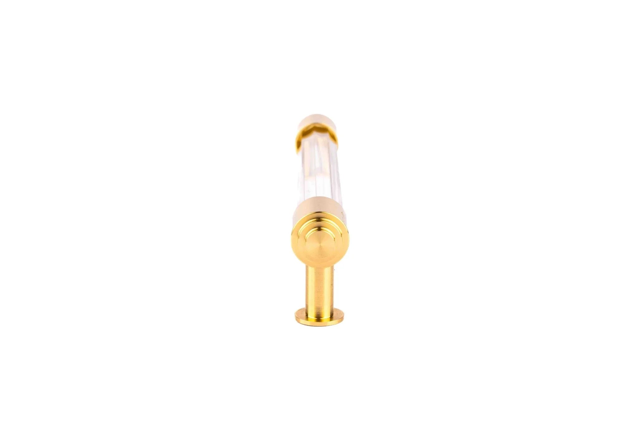 The Mantara C-0023 Sapience Handle is a modern crystal and brass handle in white transparent, perfect for cabinets, drawers, and wardrobes.