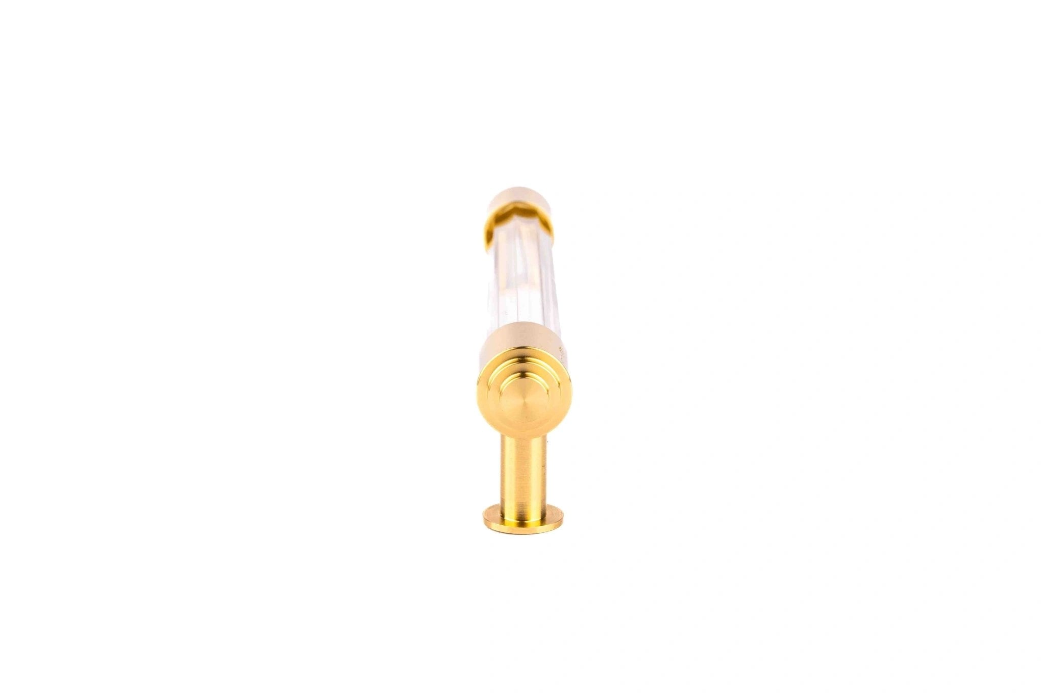 The Mantara C-0023 Sapience Handle is a modern crystal and brass handle in white transparent, perfect for cabinets, drawers, and wardrobes.