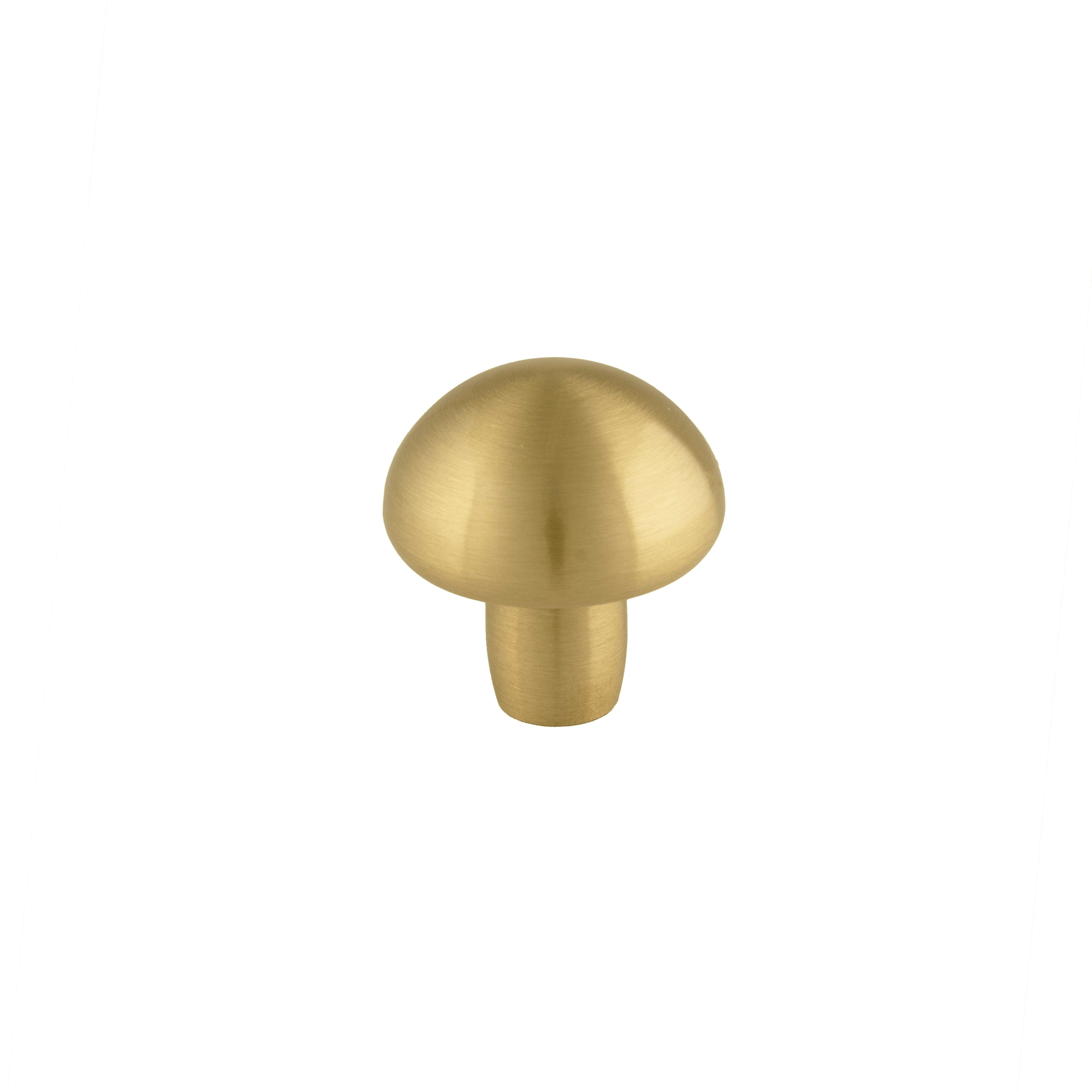 Mantara Shroom Knob B-0100 is a modern solid brass knob in brushed gold, perfect for kitchens, cabinets, and furniture.