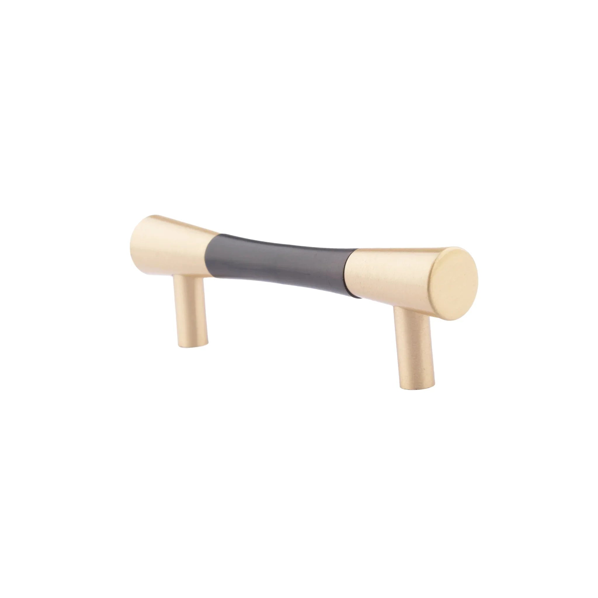 Mantara Sylvia Handle W-0014 is a modern brass & wood handle in black+gold, ideal for wardrobes & drawers.