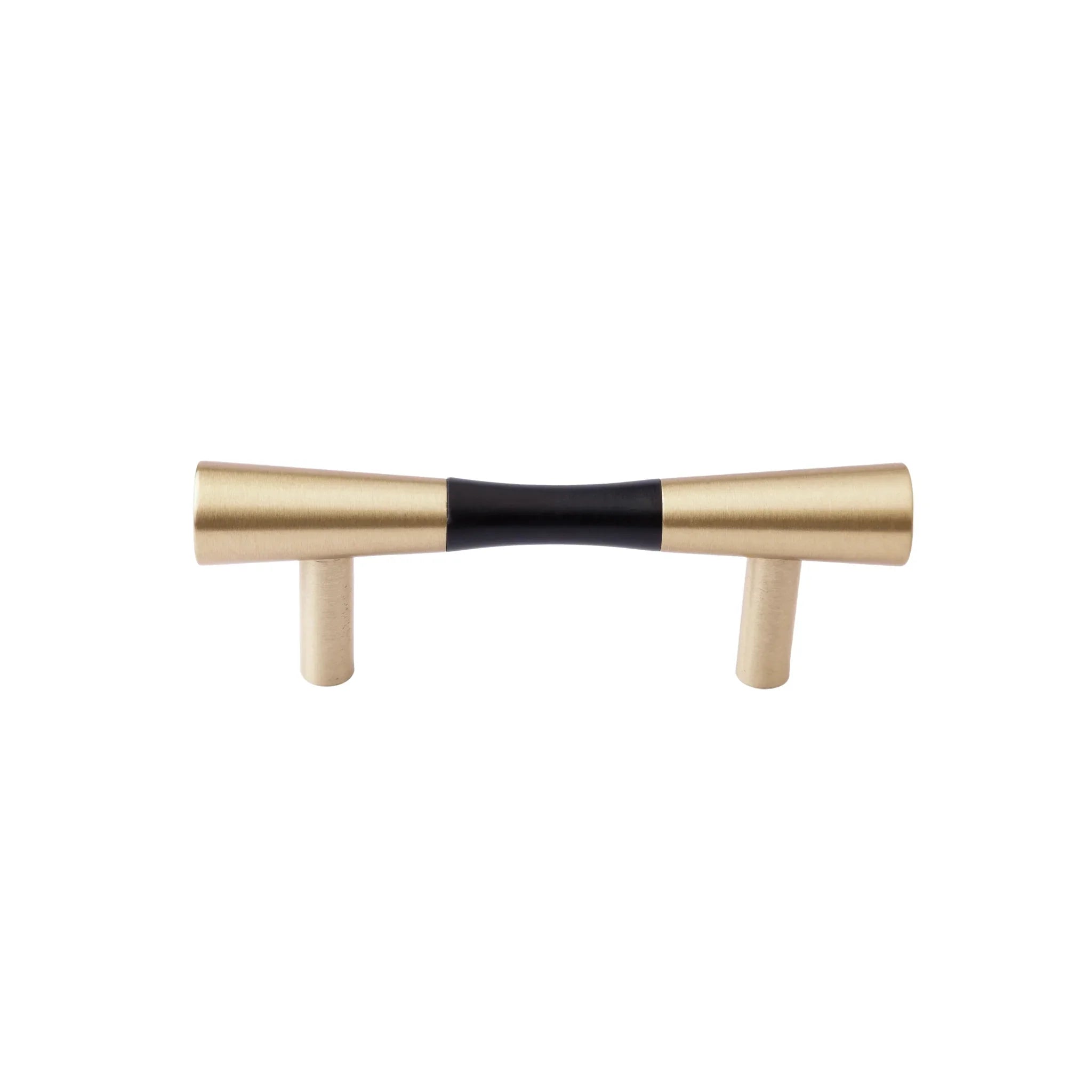 Mantara Sylvia Handle W-0014 is a modern brass & wood handle in black+gold, ideal for wardrobes & drawers.