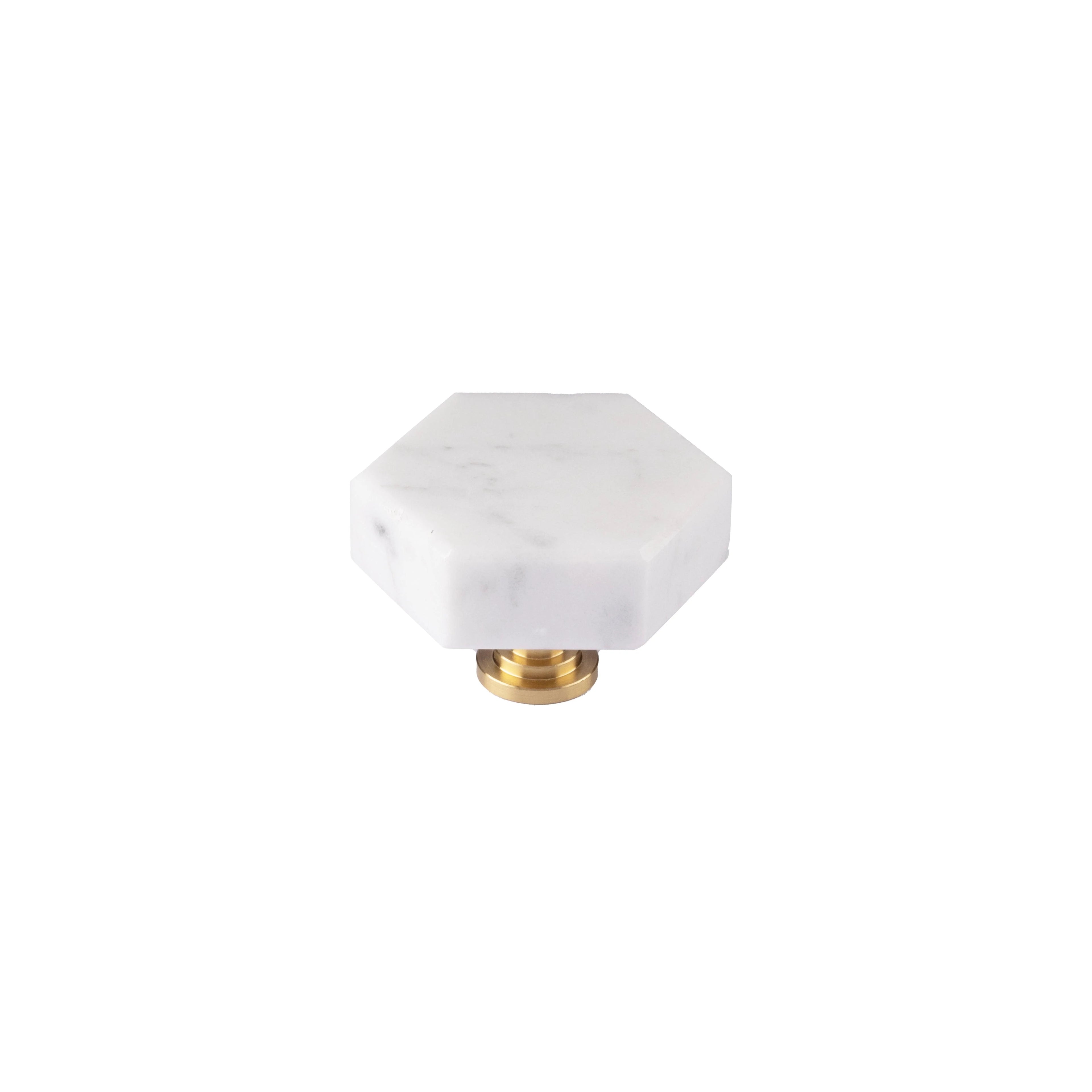 The Mantara M-0002 Tetris Knob is a modern marble and brass knob in white, perfect for doors, drawers, and cabinets.