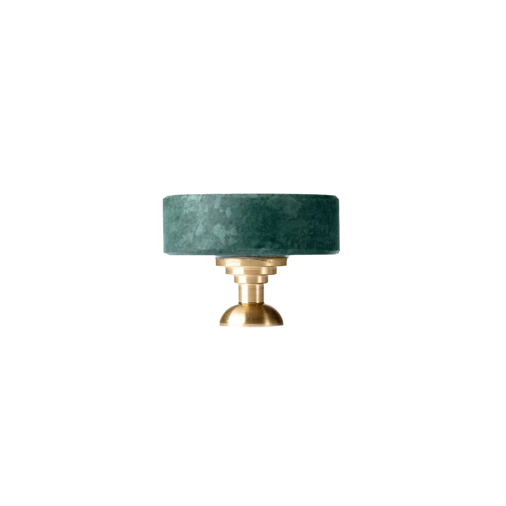 The Mantara M-0001 Theo Knob is a modern marble and brass knob in green, ideal for doors, drawers, and cabinets.