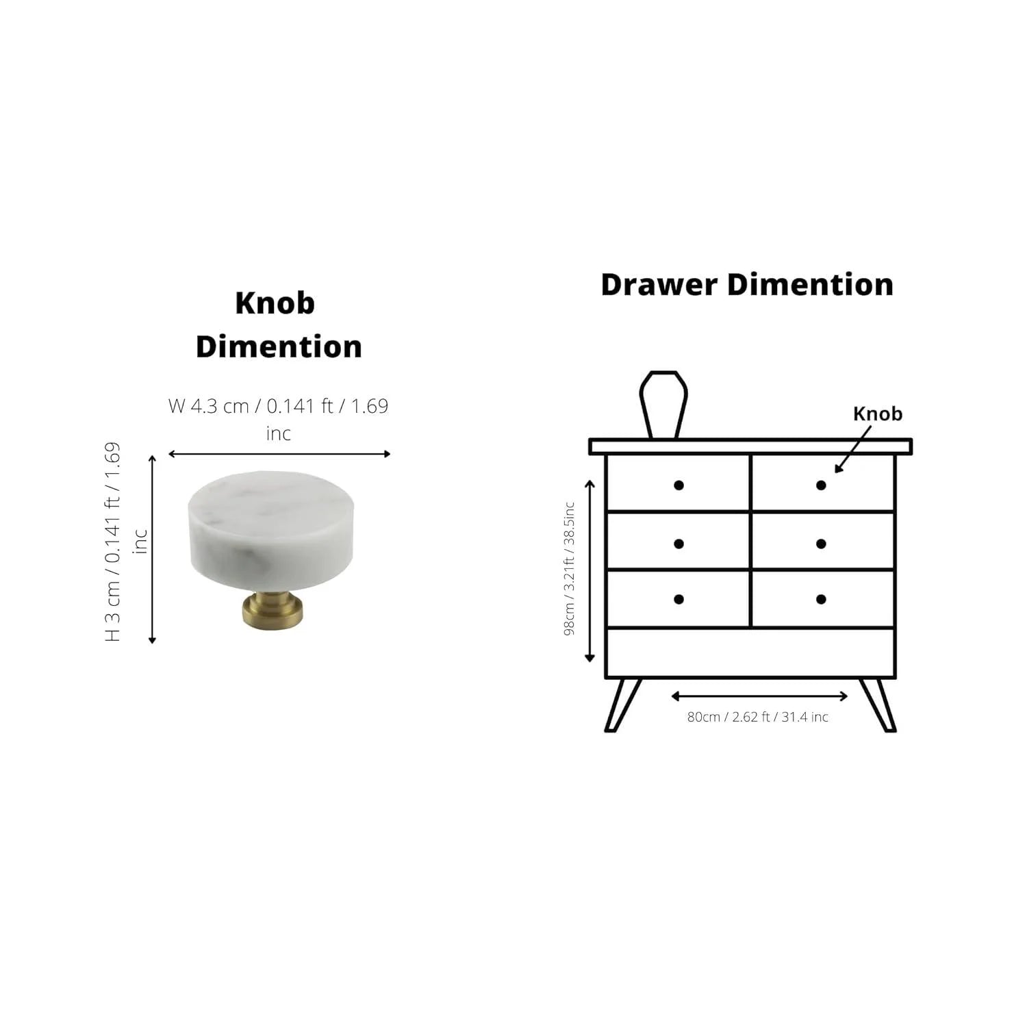 The Mantara M-0001 Theo Knob is a modern marble and brass knob in white, ideal for doors, drawers, and cabinets.